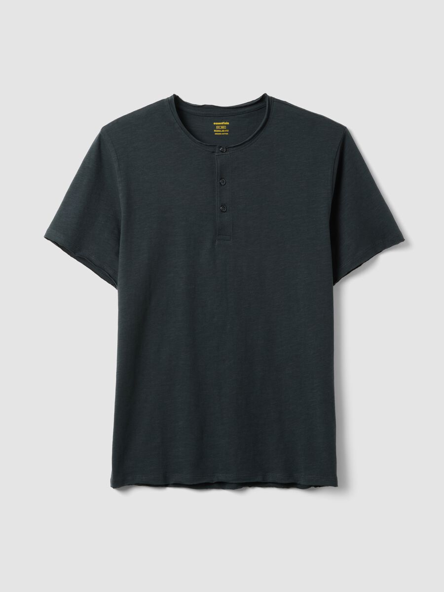 Black regular fit pure cotton T-shirt with henley collar_0