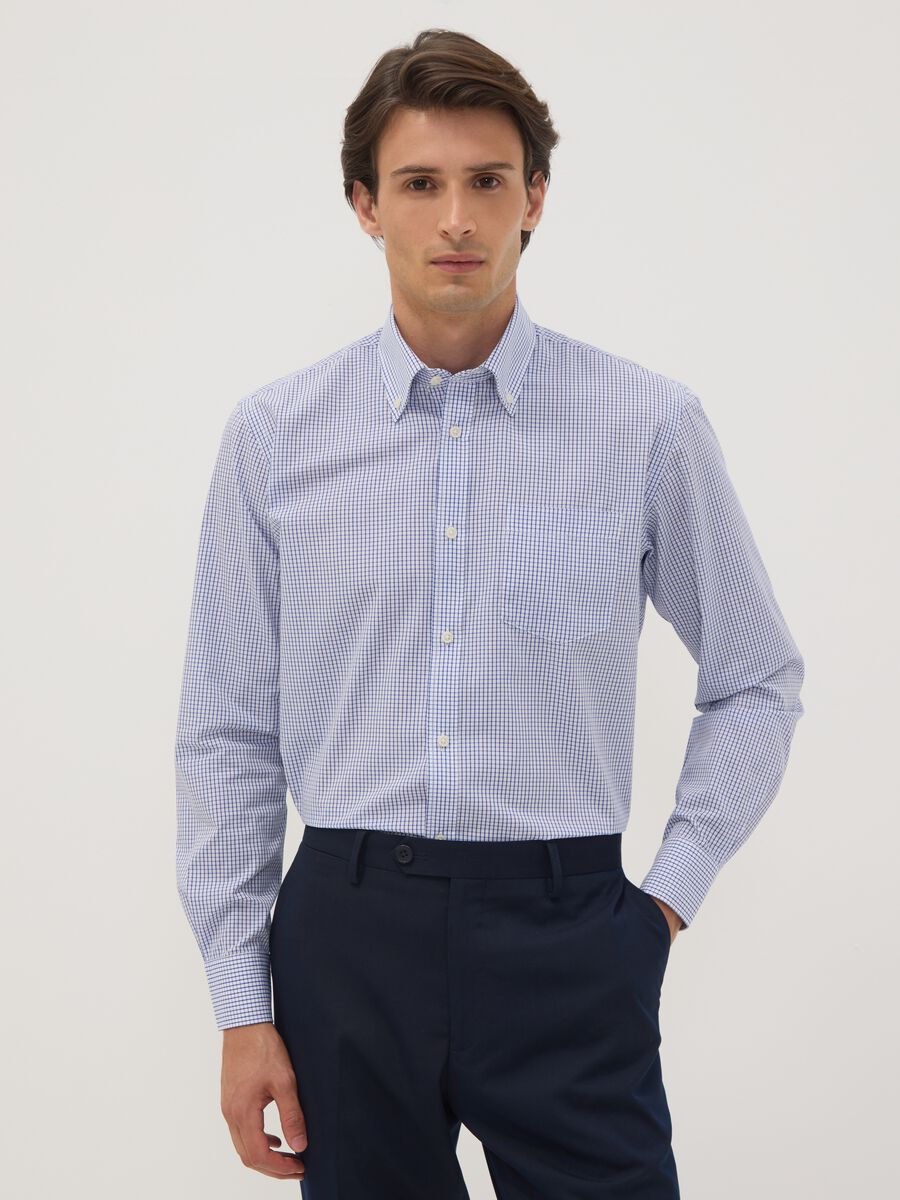 Light blue cotton-blend checked easy-iron regular-fit shirt_0