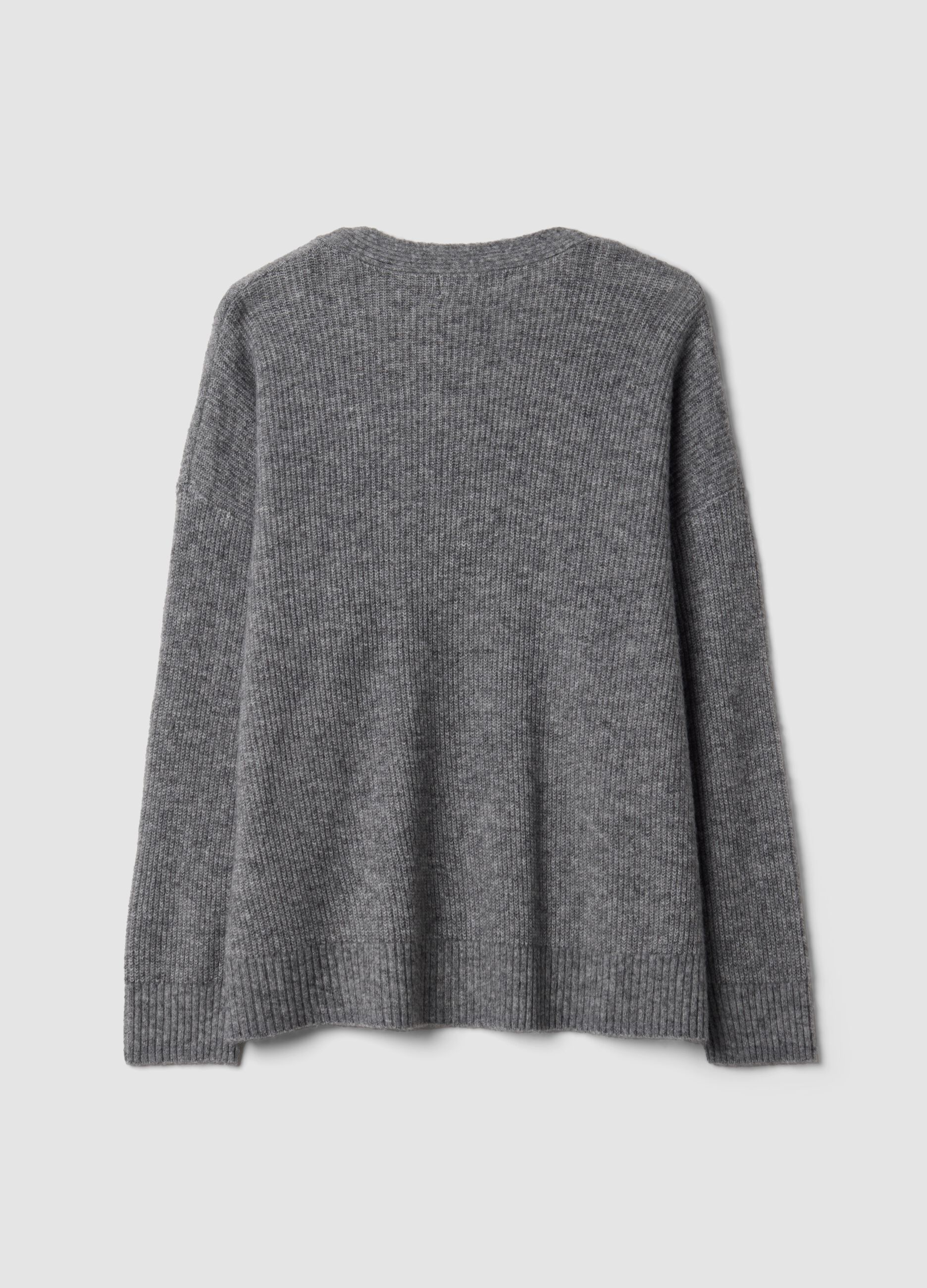 Cardigan cinzento em tecido el&aacute;stico com decote em V profundo