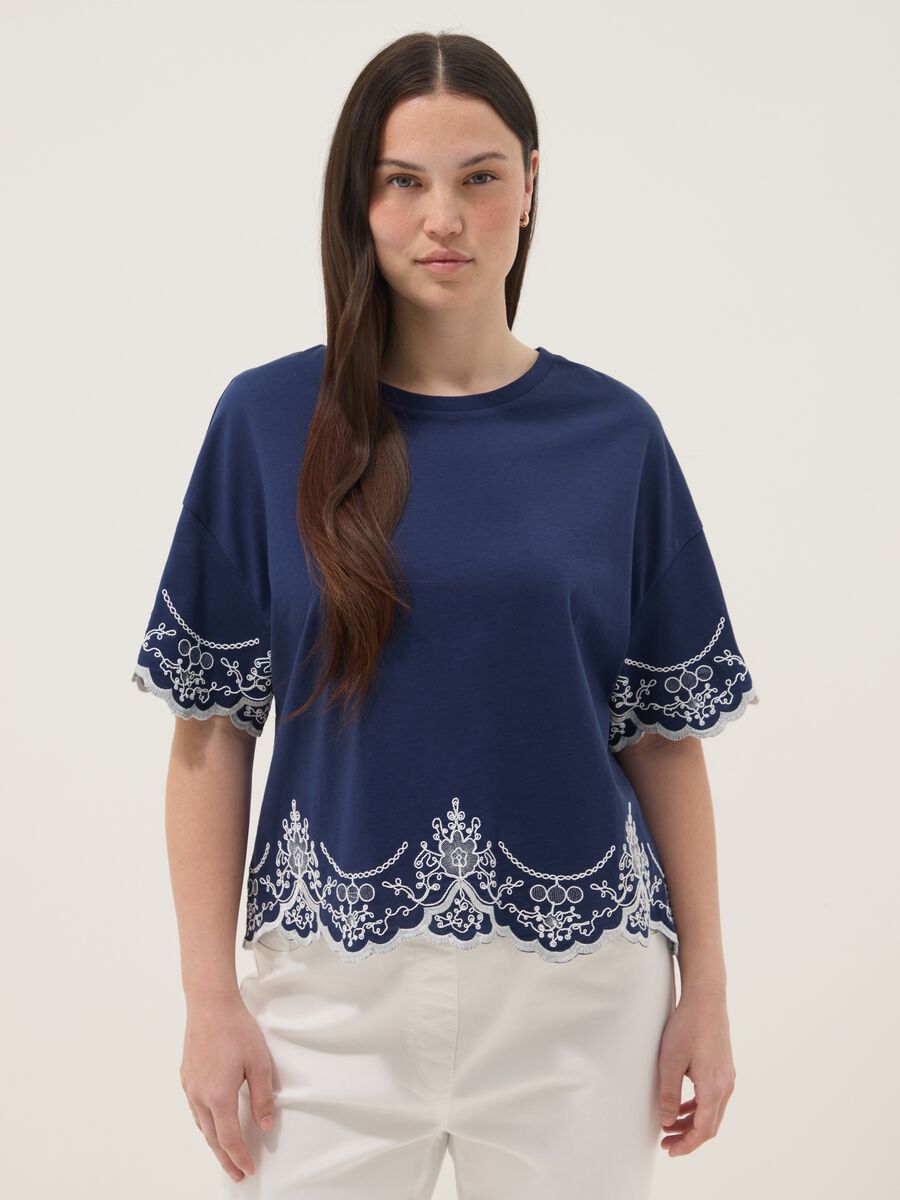 Blaues T-Shirt aus reiner Baumwolle mit Stickerei, Regular Fit_0