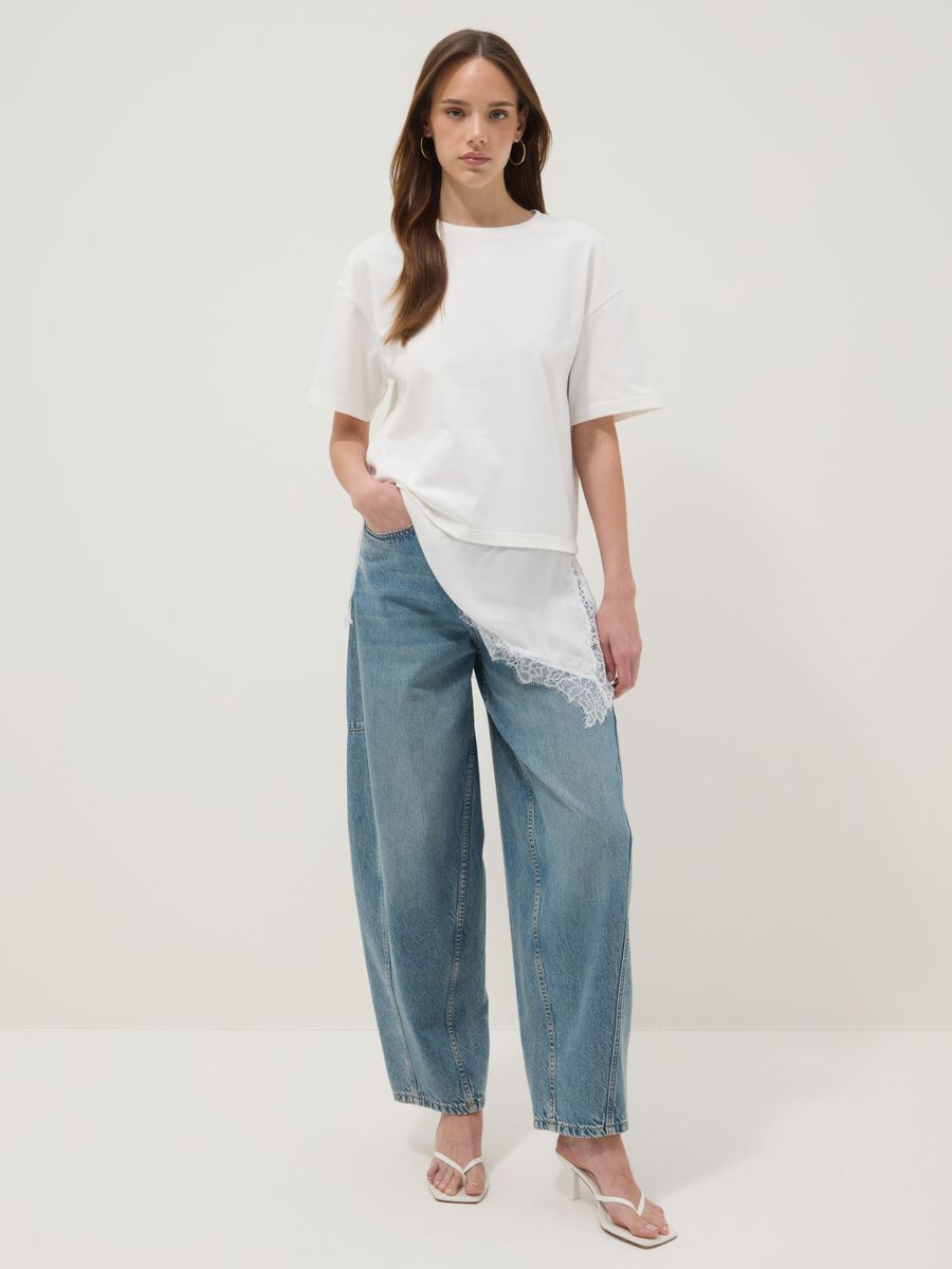 White pure cotton T-shirt with lace insert, relaxed fit_2