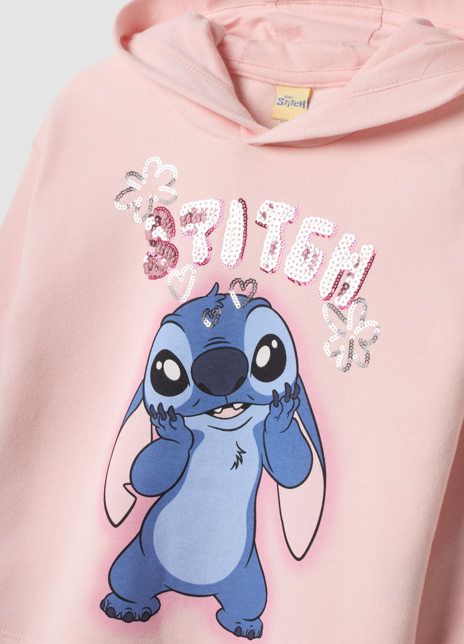 Completo rosa in misto cotone con cappuccio e stampa Stitch