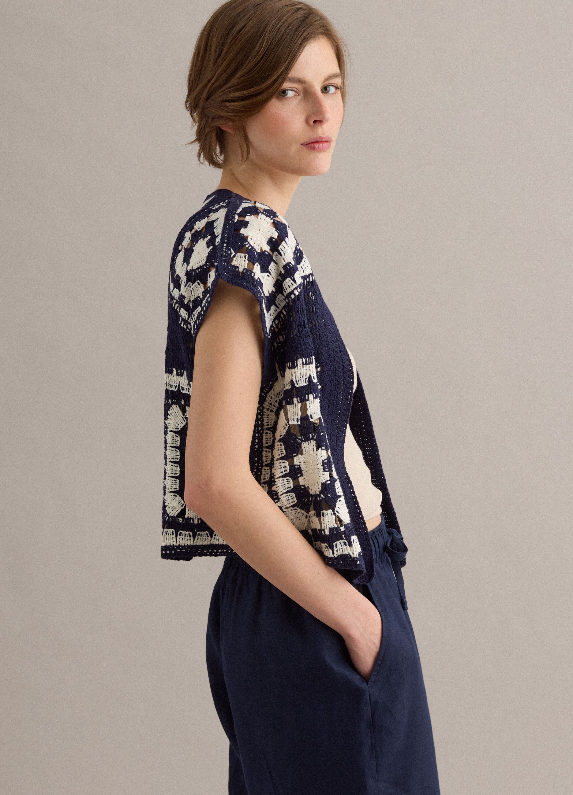 Blue and white regular-fit crochet cotton-blend gilet