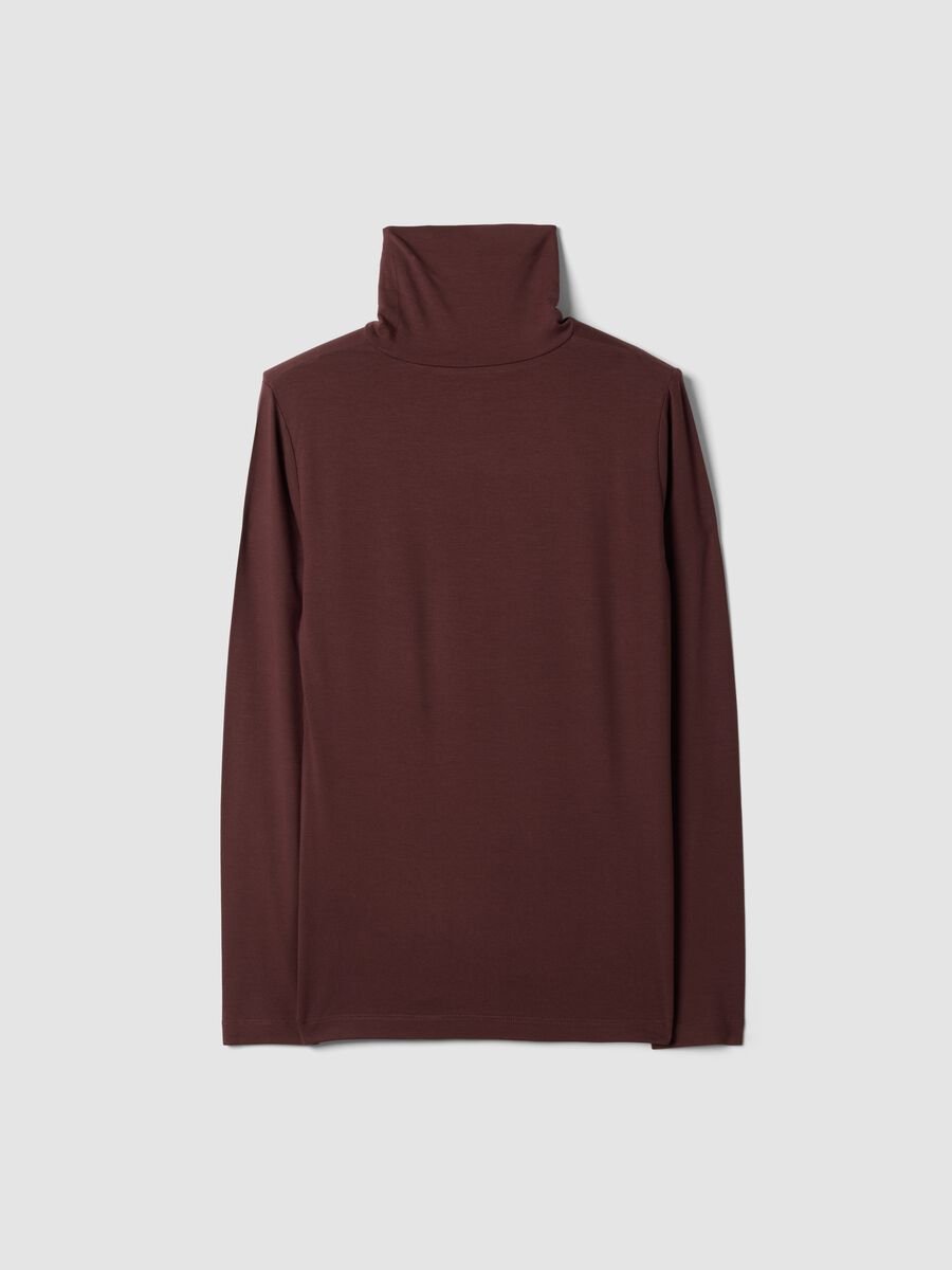 Brown stretch viscose top with high neck, regular fit_1