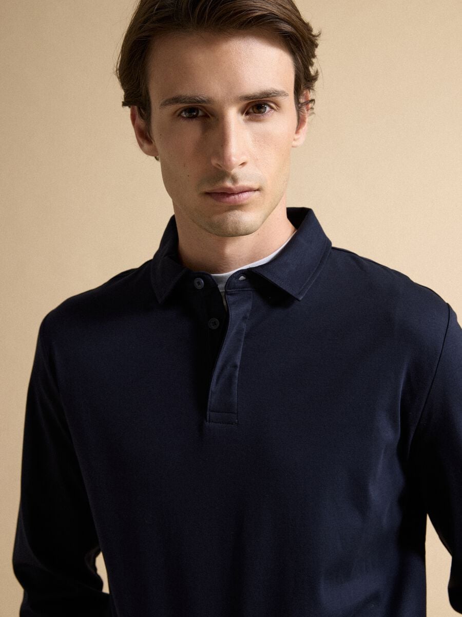 Blue long-sleeved pure cotton polo_2