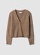 Cardigan marrone in lana elasticizzata con scollo profondo a V over fit_4