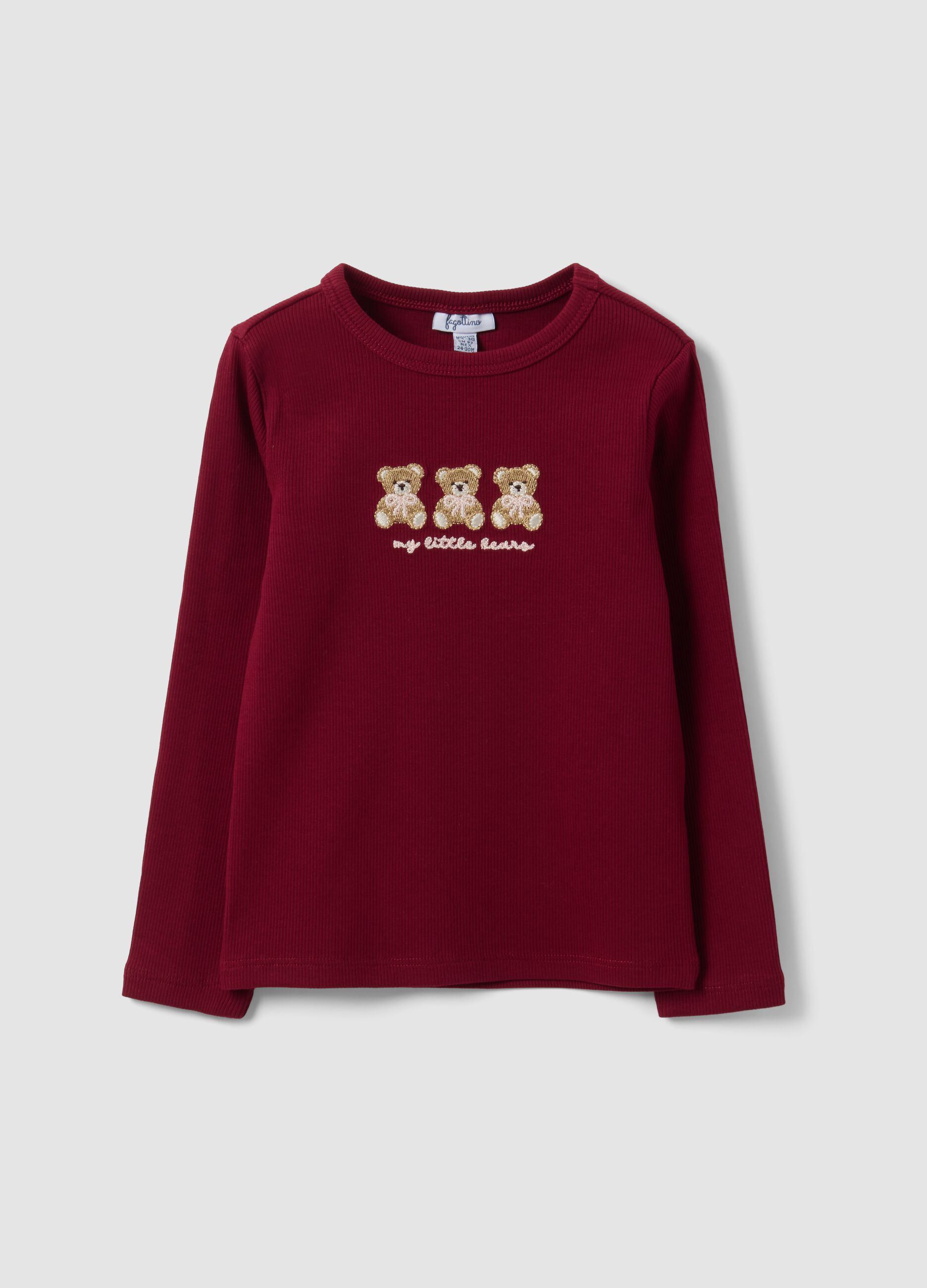 Red stretch organic cotton crew-neck T-shirt with teddy bear embroidery
