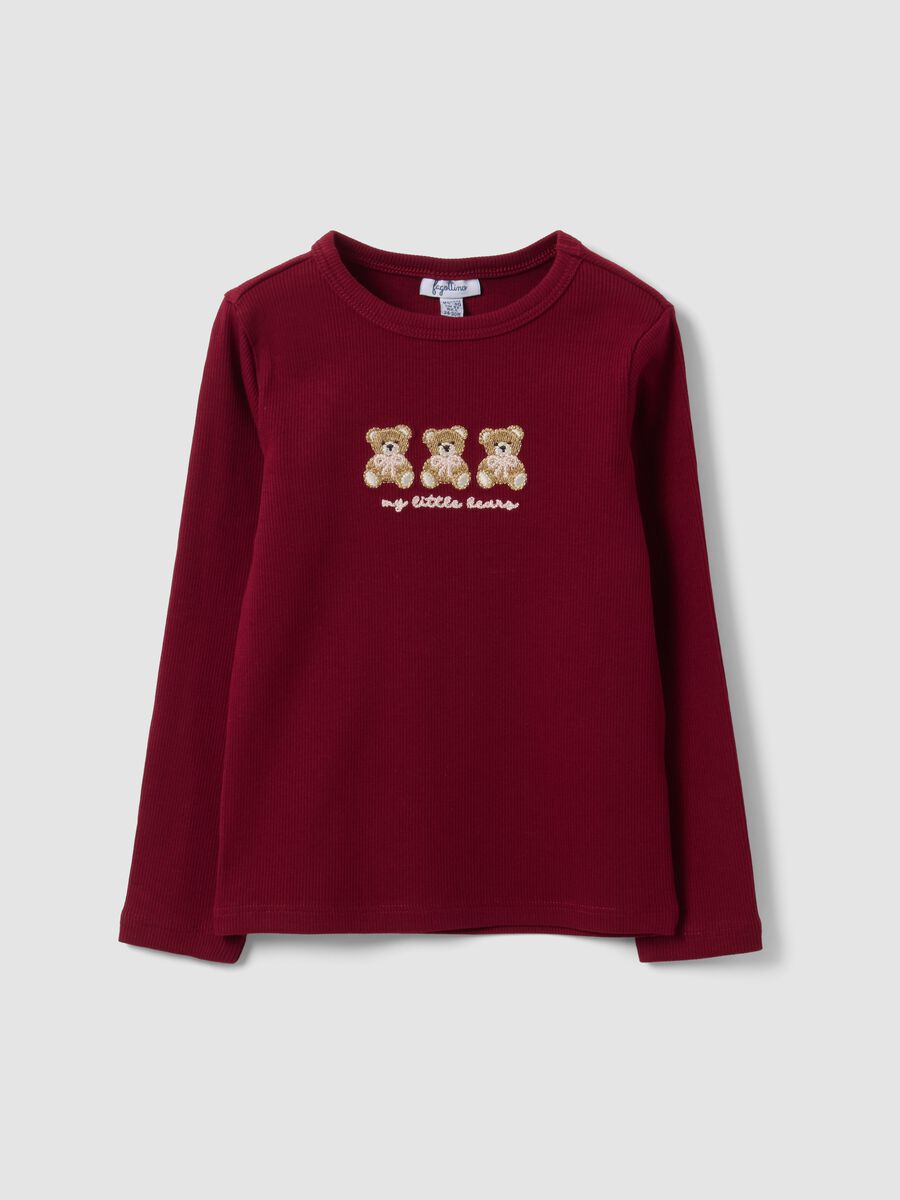 Red stretch organic cotton crew-neck T-shirt with teddy bear embroidery_0