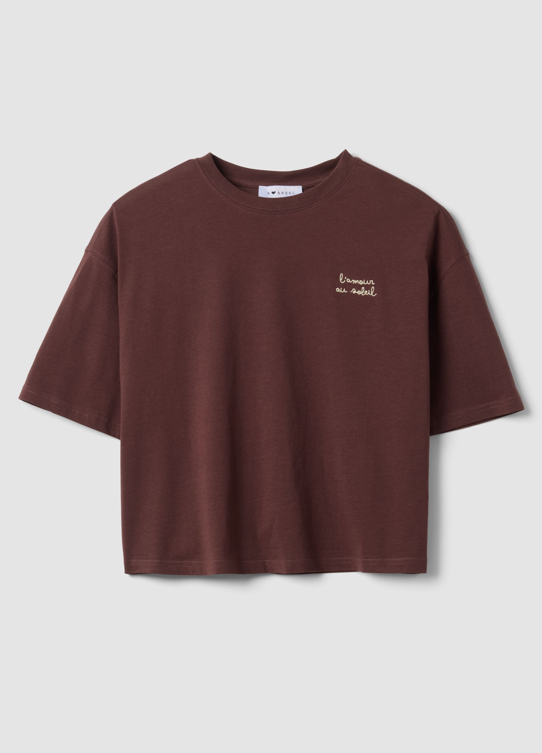 T-shirt marrone in puro cotone con ricamo boxy fit