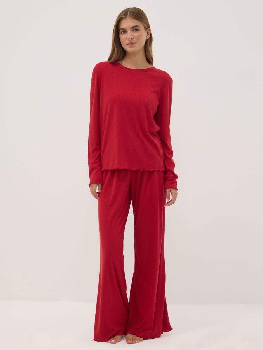 Dark red viscose-blend crew-neck pyjama set_0
