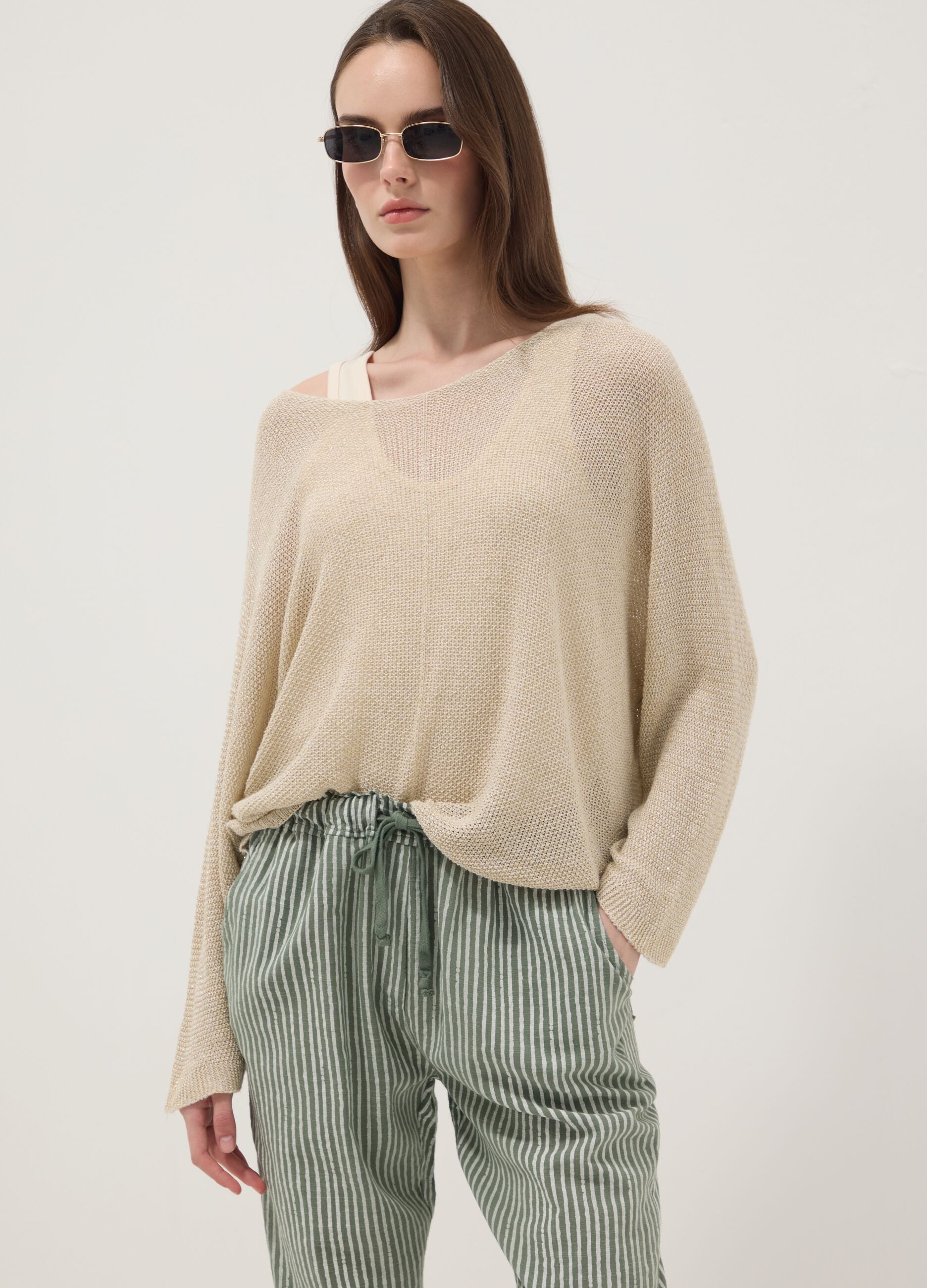 Green pure cotton striped regular-fit trousers