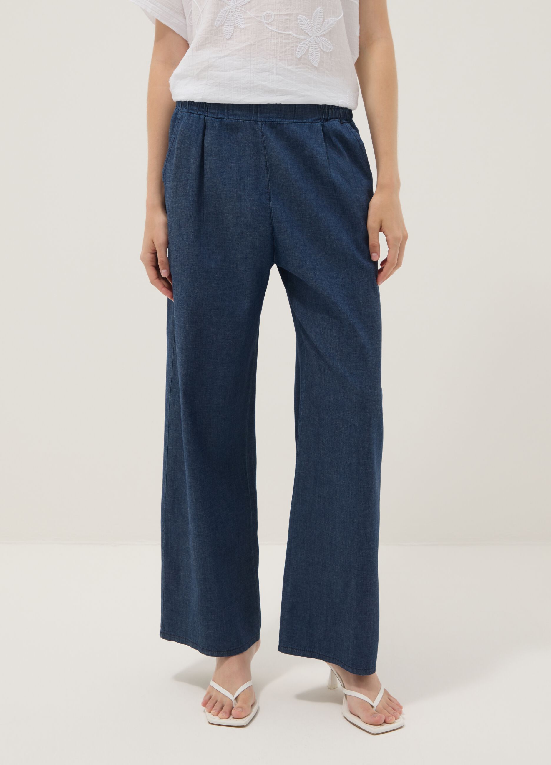 Blaue Palazzo-Hose aus Stretch-Baumwolle