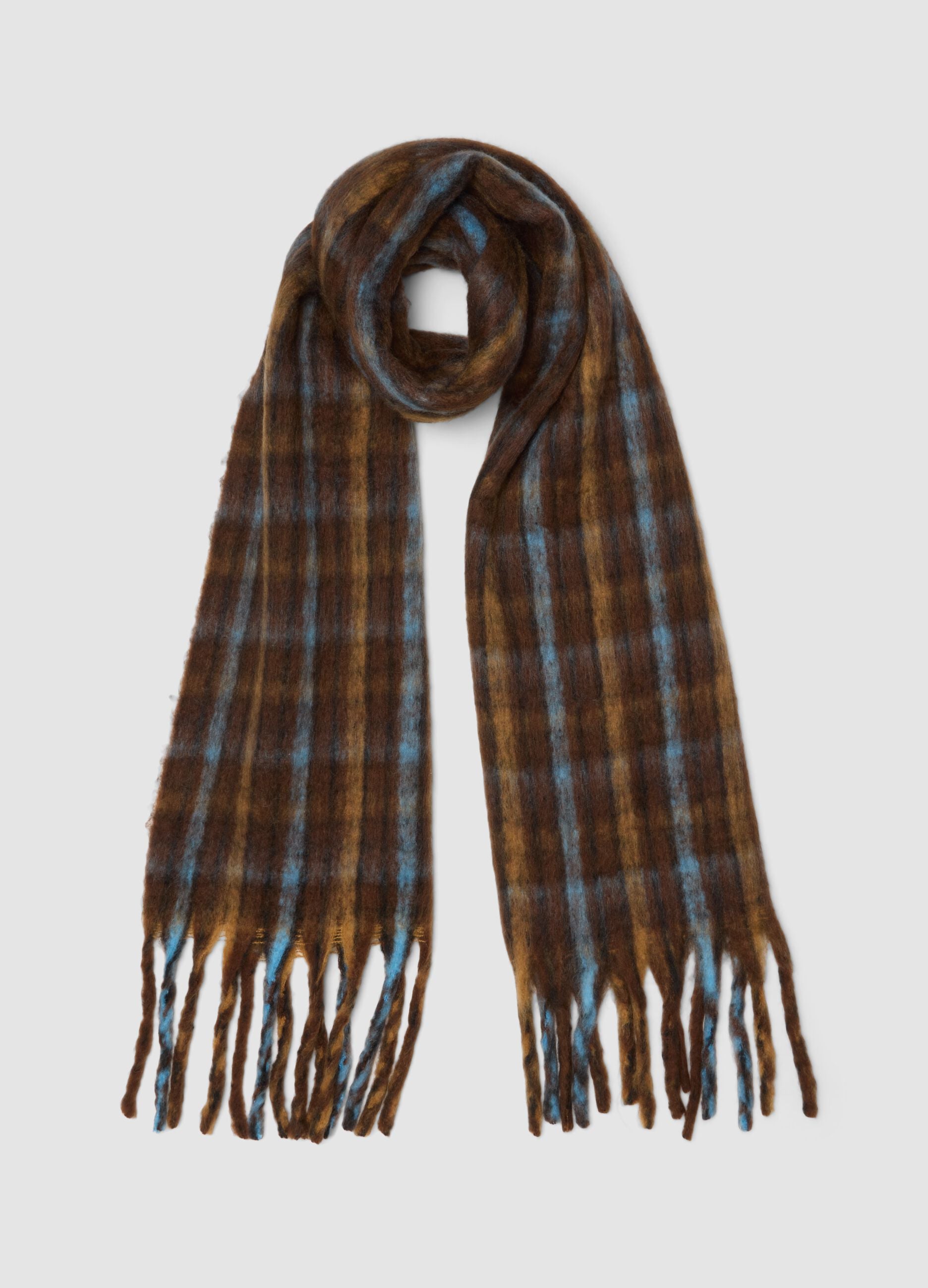 Brown checked scarf with fringes