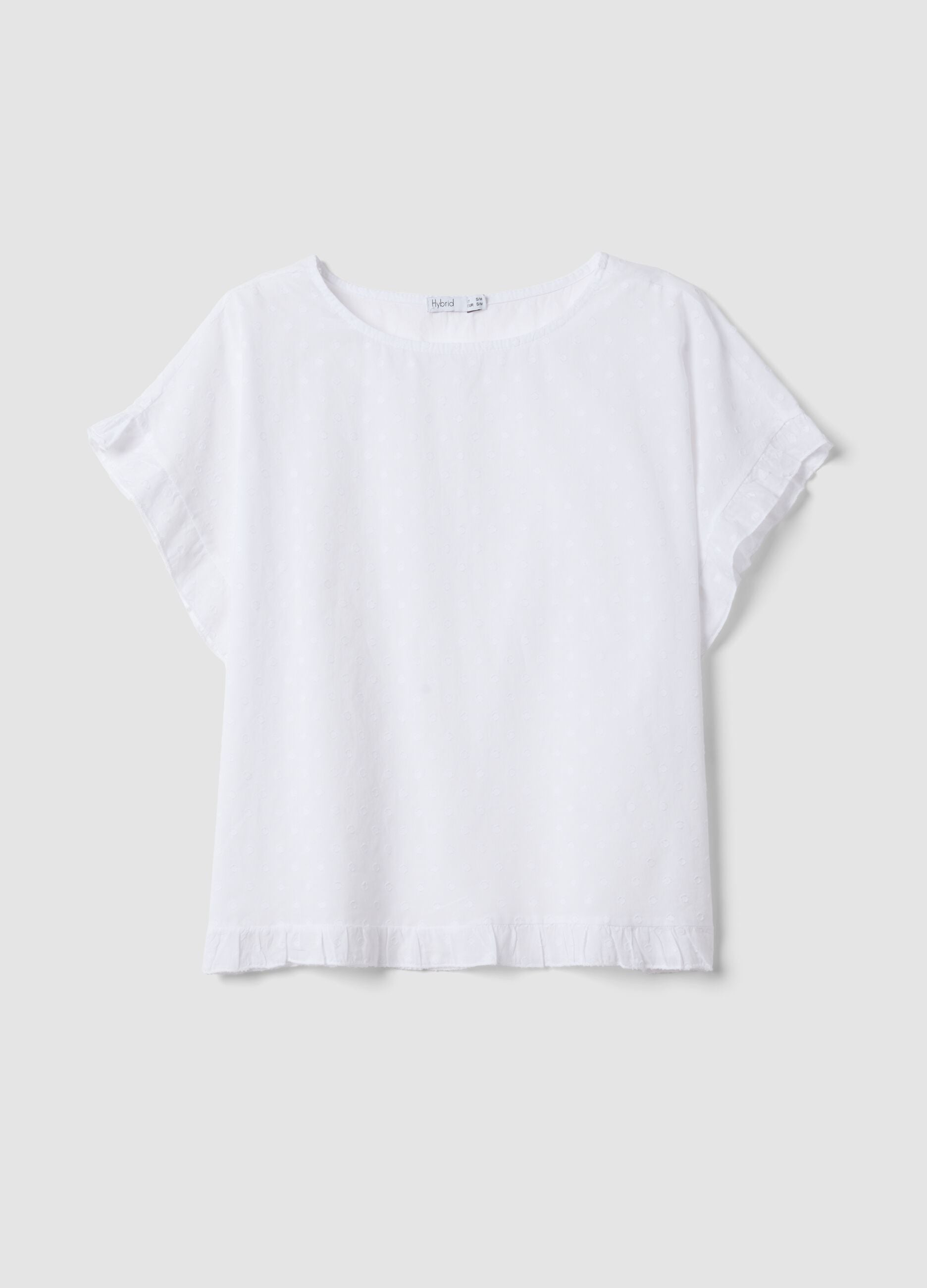 White pure-cotton blouse with ruffle trim
