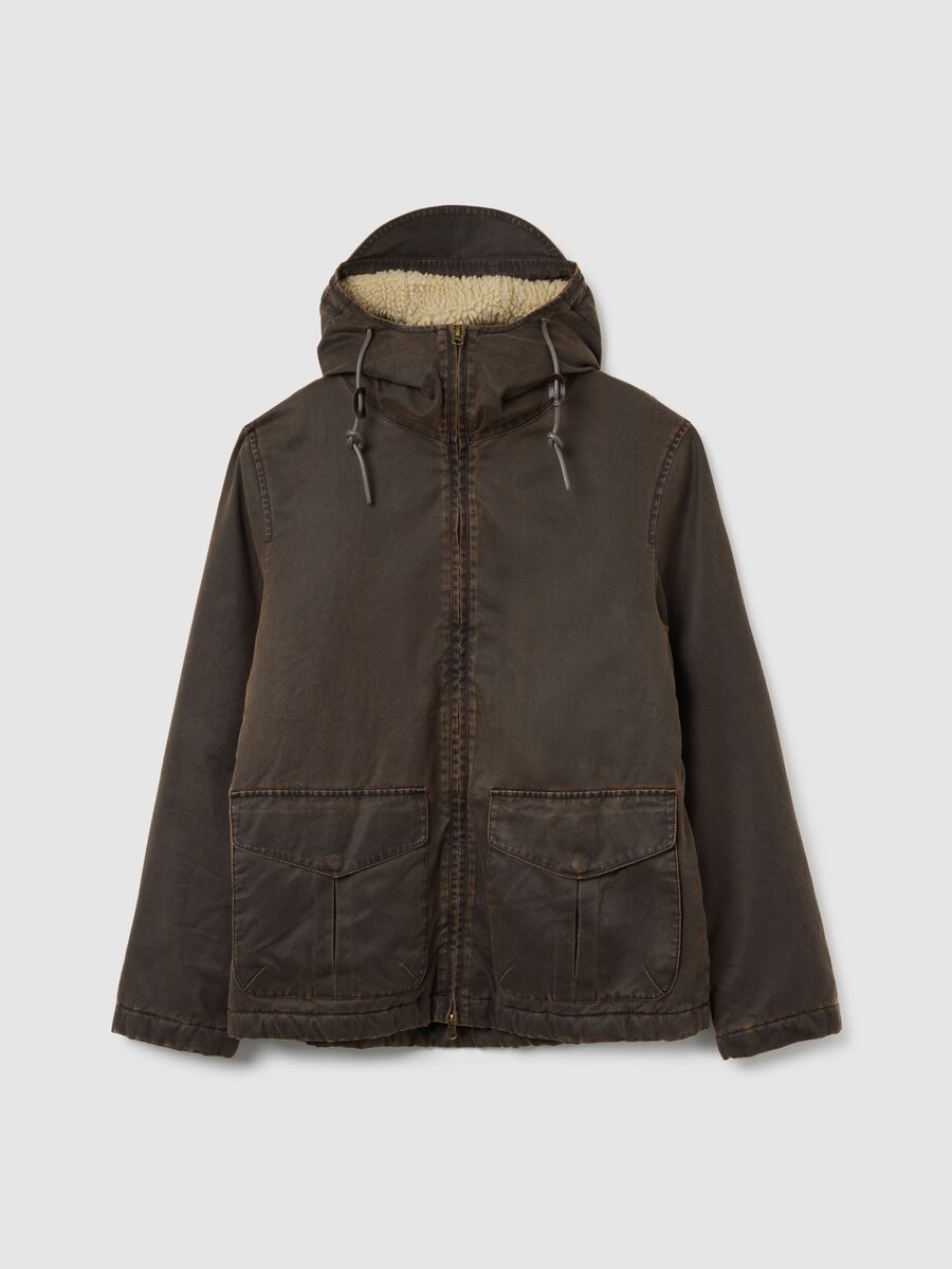 Brown cotton blend regular fit heavy parka jacket with zip_4