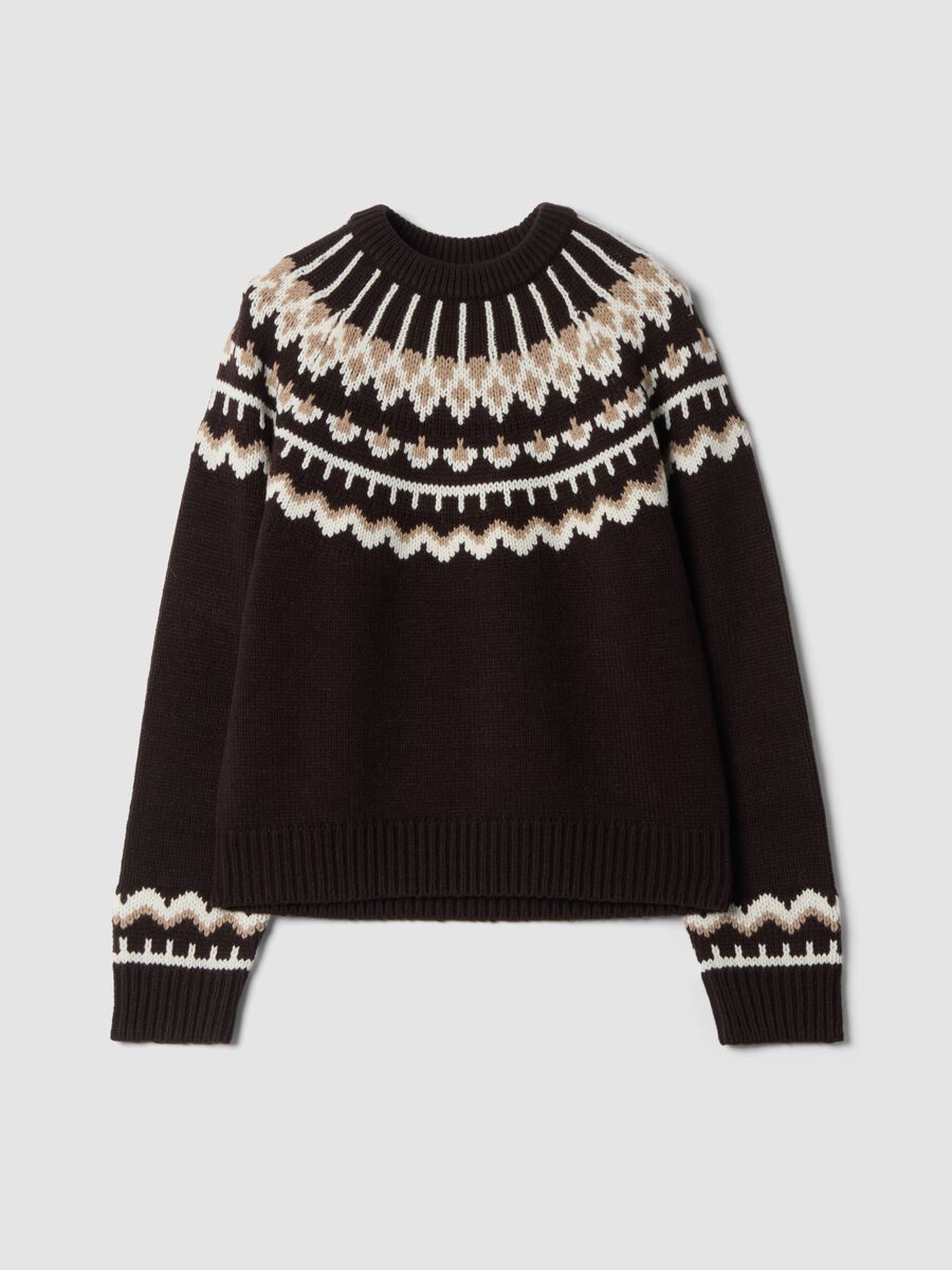 Brown jacquard wool-blend crew-neck jumper, regular fit_4