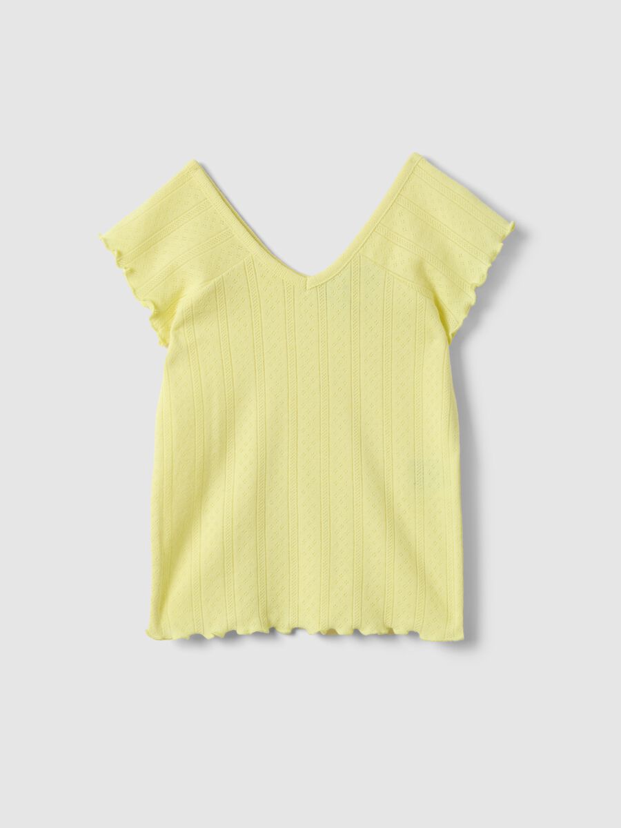 Yellow girls' cotton blend fitted V-neck t-shirt_3