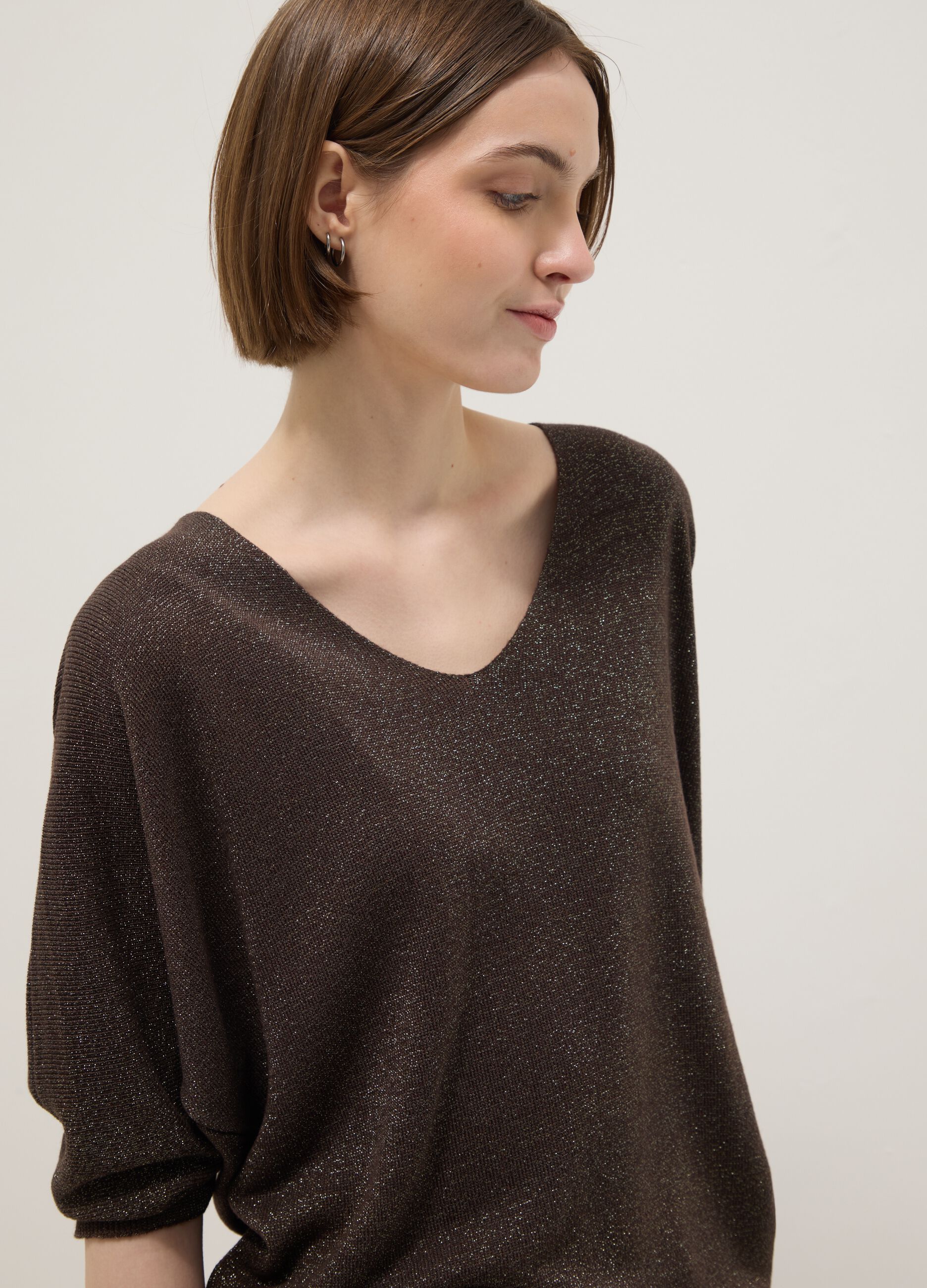 Brown modal blend regular fit top with sparkling design