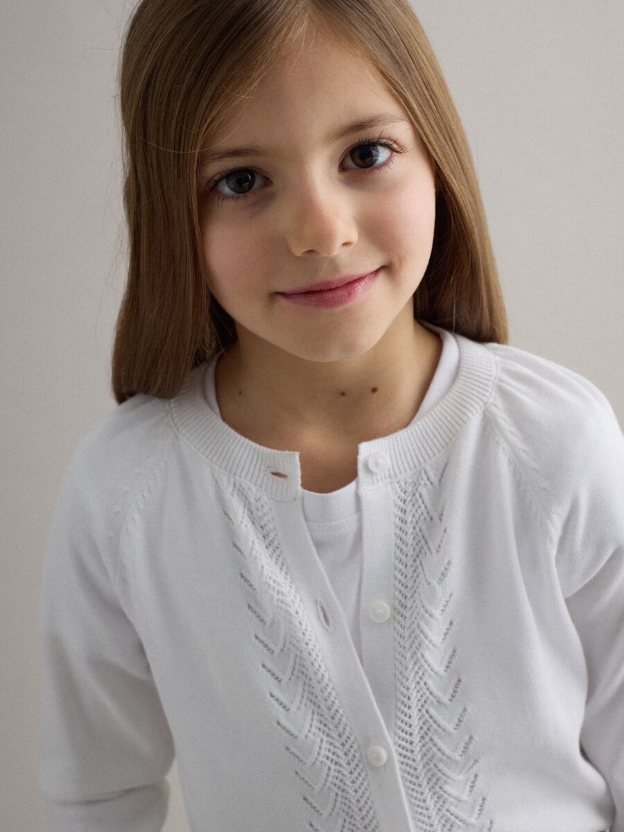 Girl's pure white cotton cardigan regular fit with cable knit_2