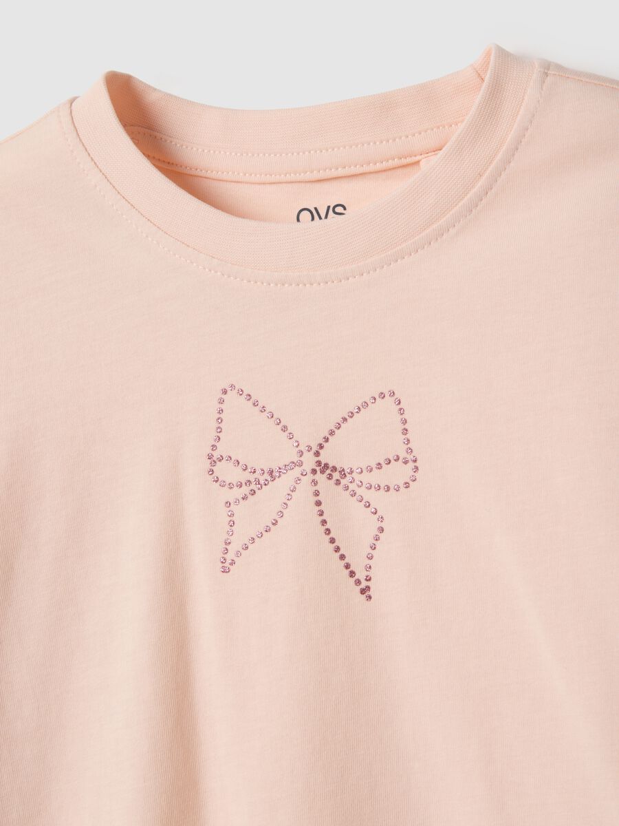 Girls' Pink Pure Cotton T-shirt Regular Fit with Bow_2