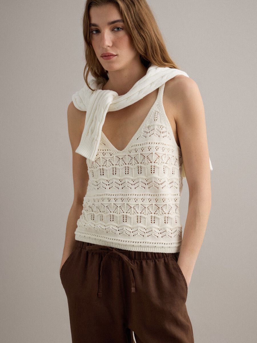 Wei&szlig;es Regular-Fit-Top aus reiner Baumwolle mit Strickstruktur_0