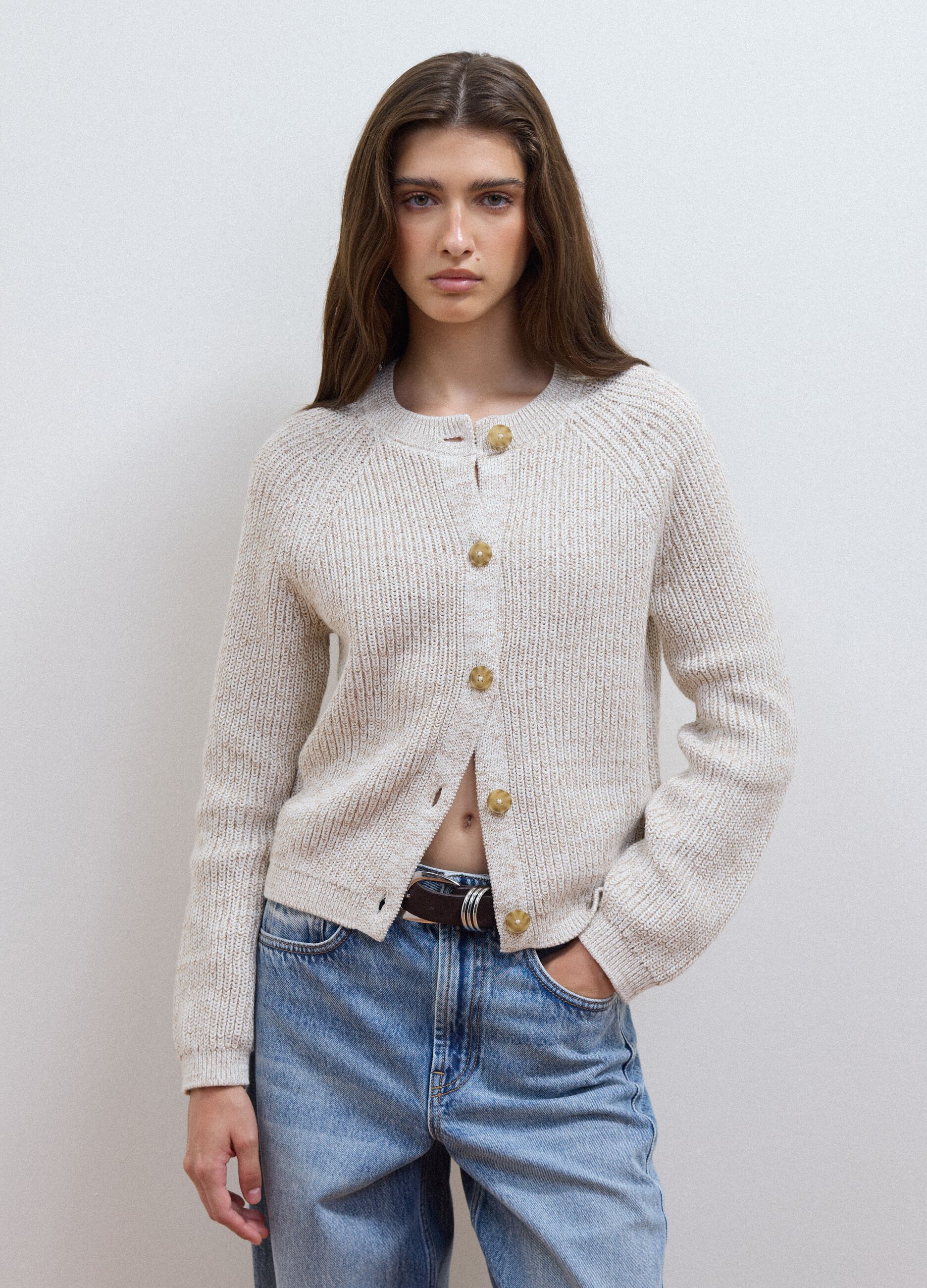 White pure cotton knitted cardigan, regular fit