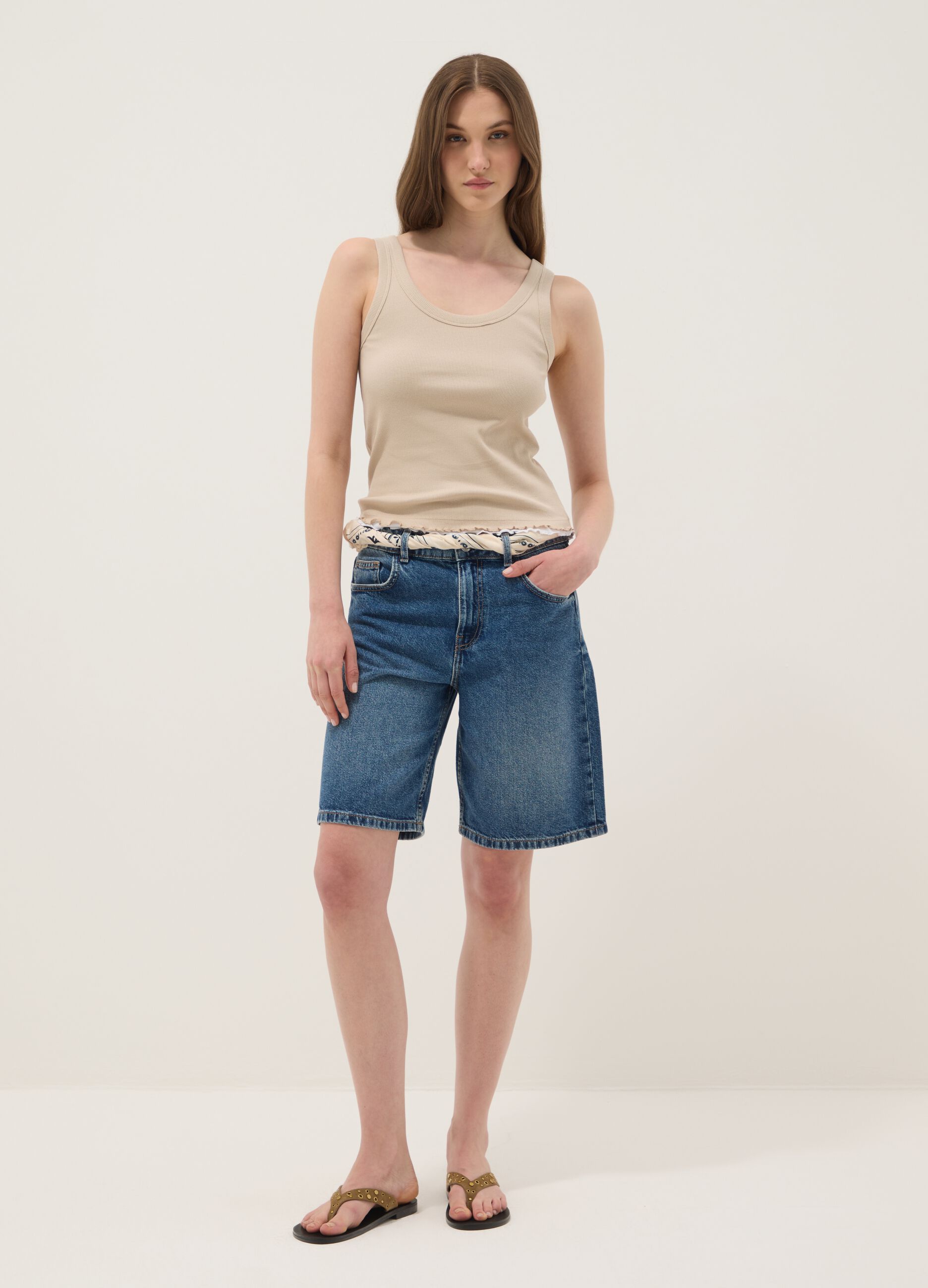Beige pure cotton ribbed vest top, regular fit