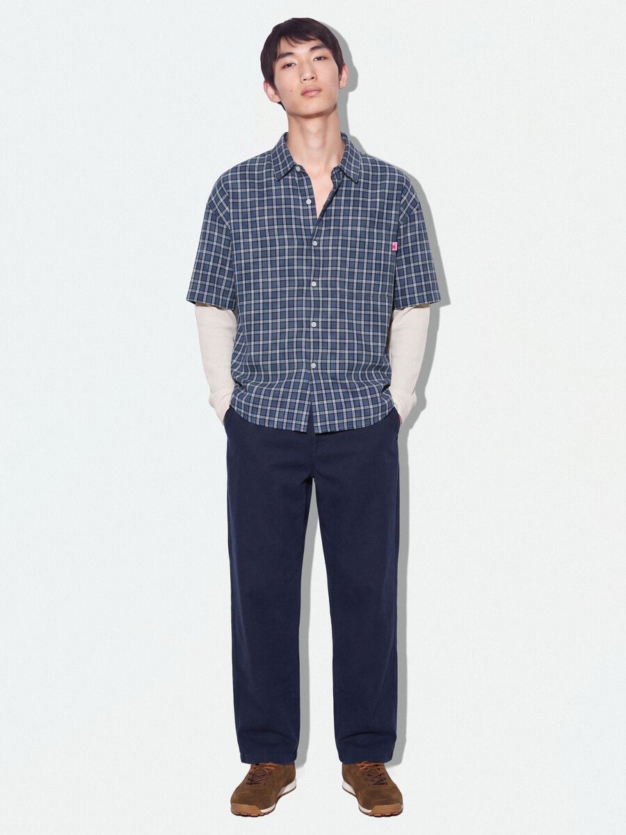 Blue cropped pure cotton checked shirt with layered double sleeves, oversized fit_1
