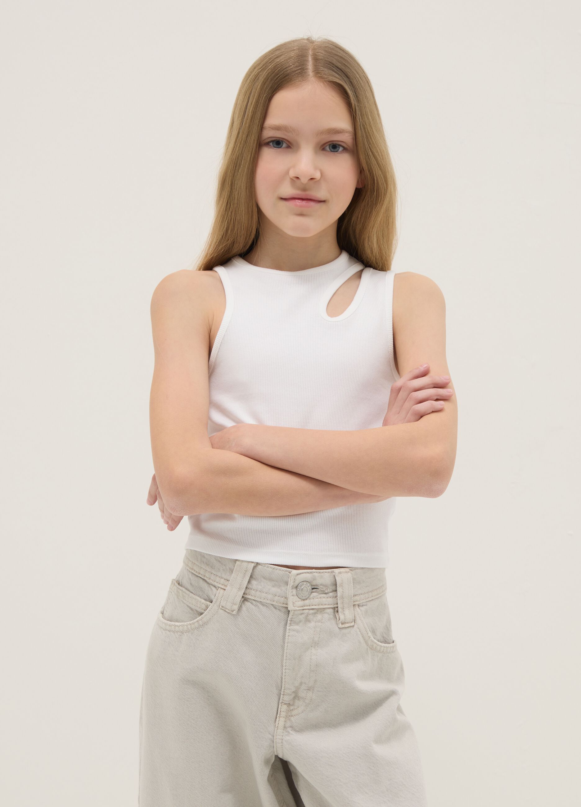 Girls' White Fitted Stretch Cotton Tank Top