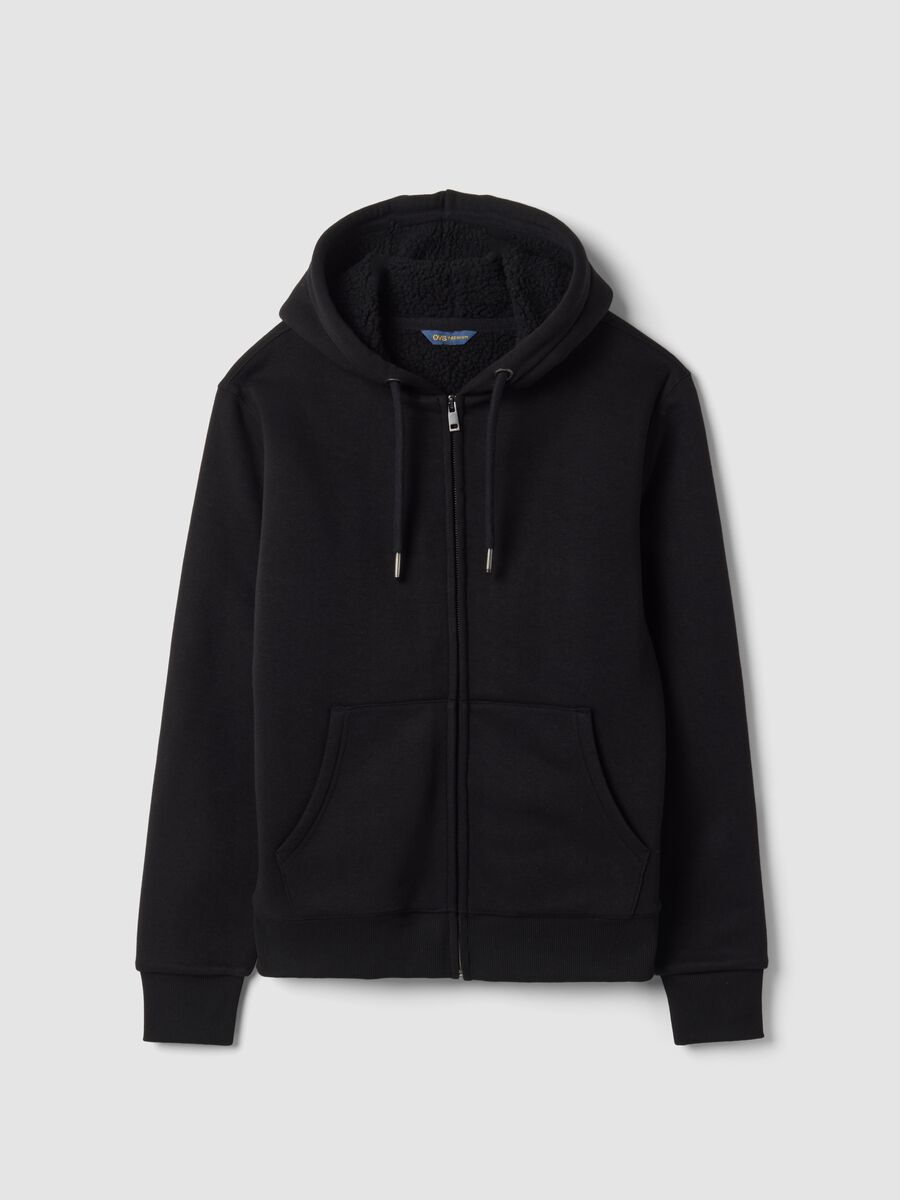 Felpa nera in misto cotone fleece con cappuccio regular fit_0