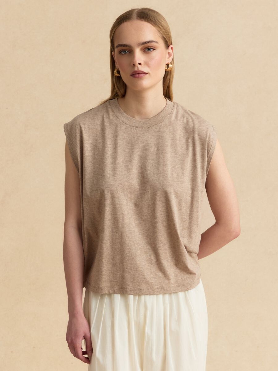 Beiges Regular-Fit T-Shirt aus Lyocell-Baumwollmix mit weiten &Auml;rmeln_0