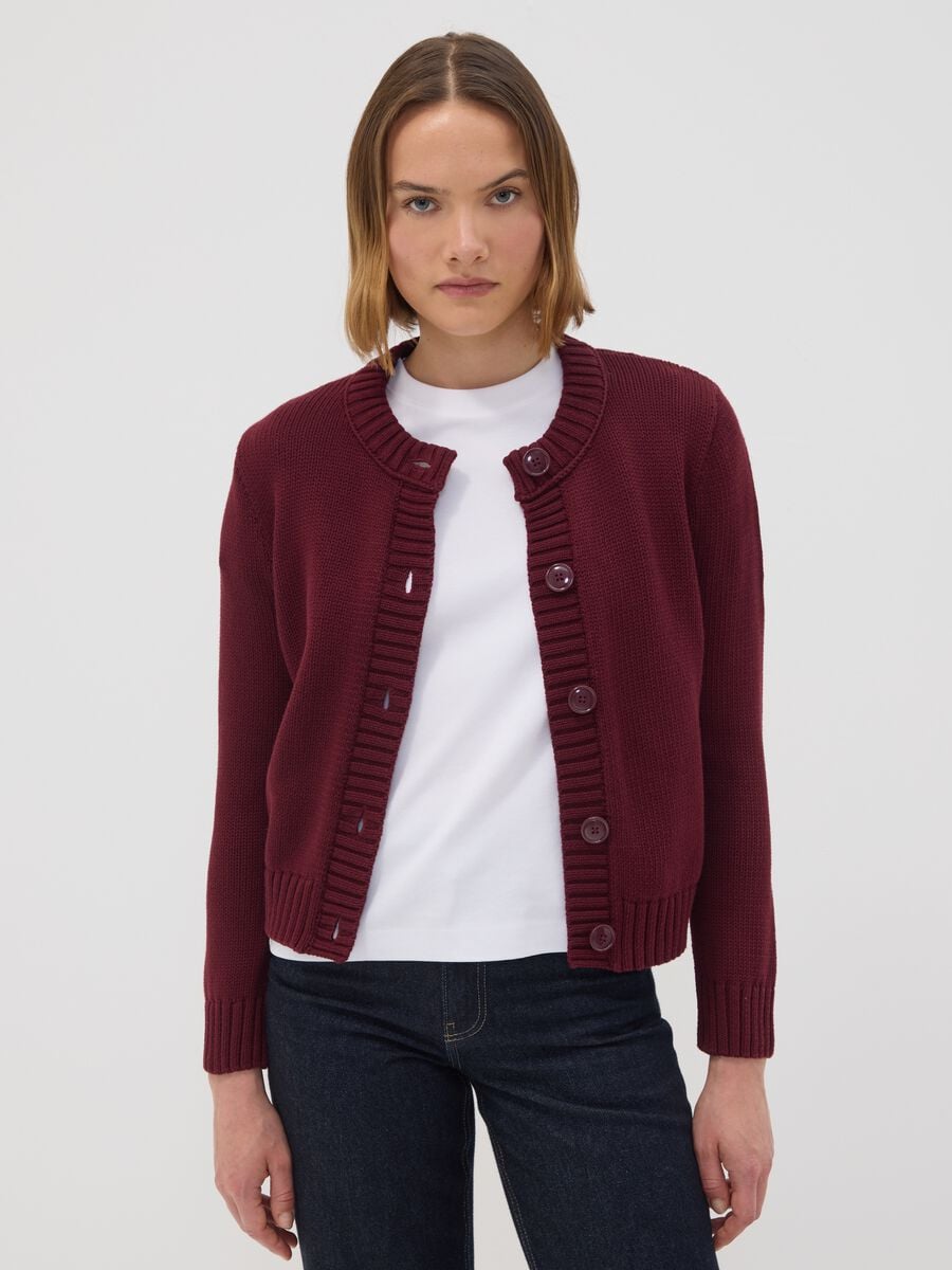 Burgundy pure cotton crew-neck cardigan with buttons, regular fit_0