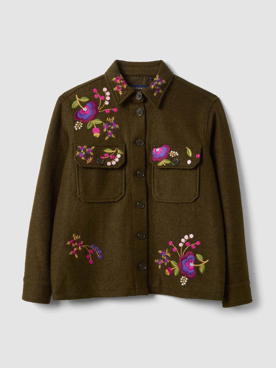 Blazer marrone in misto lana con ricami floreali_0