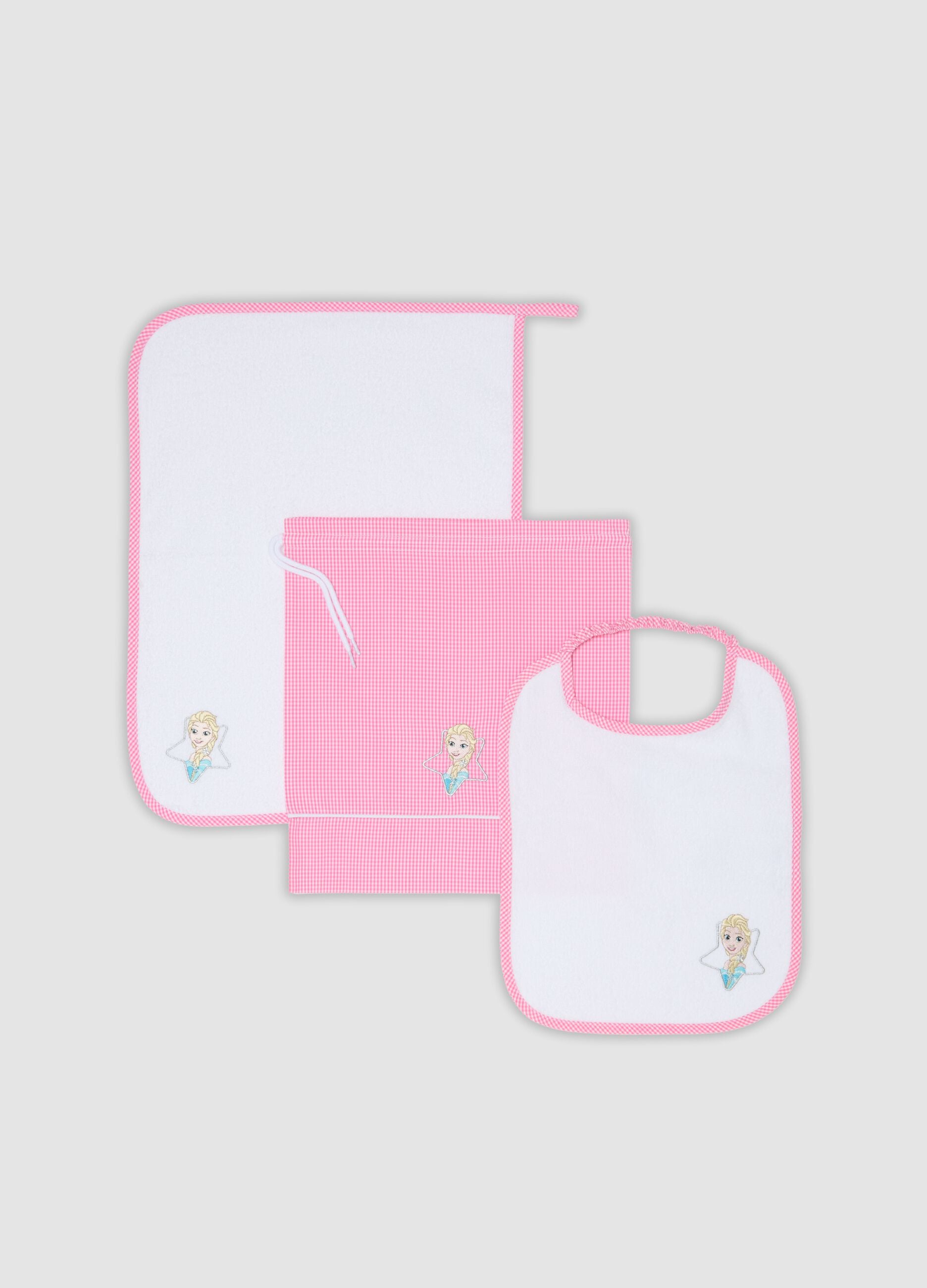 Pink nursery set with bib, towel and drawstring bag, Frozen embroidery