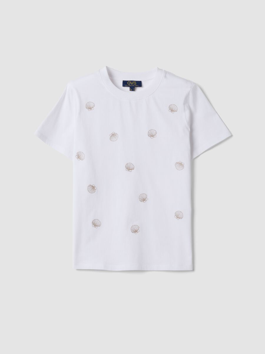 Camiseta blanca de algod&oacute;n puro con estampado de conchas_0
