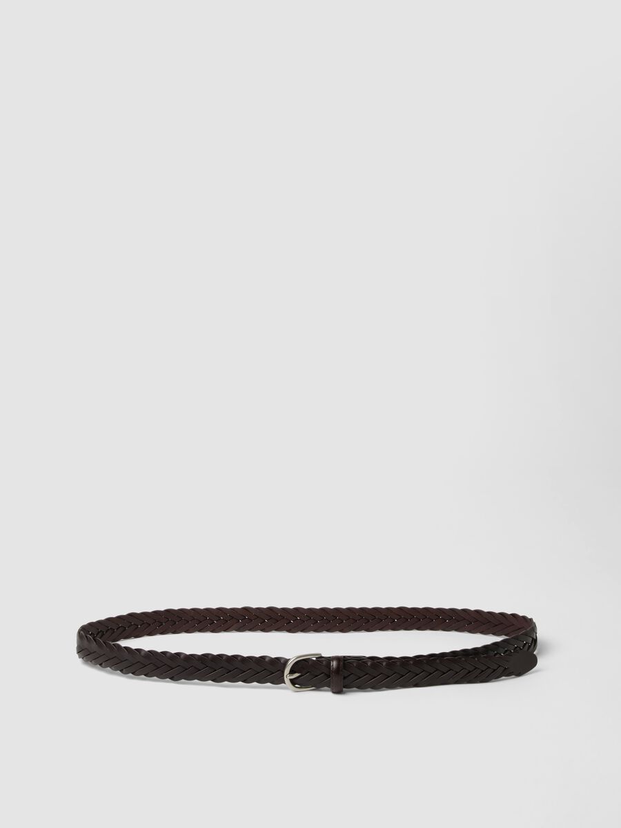 Dark brown braided belt with metal buckle_0