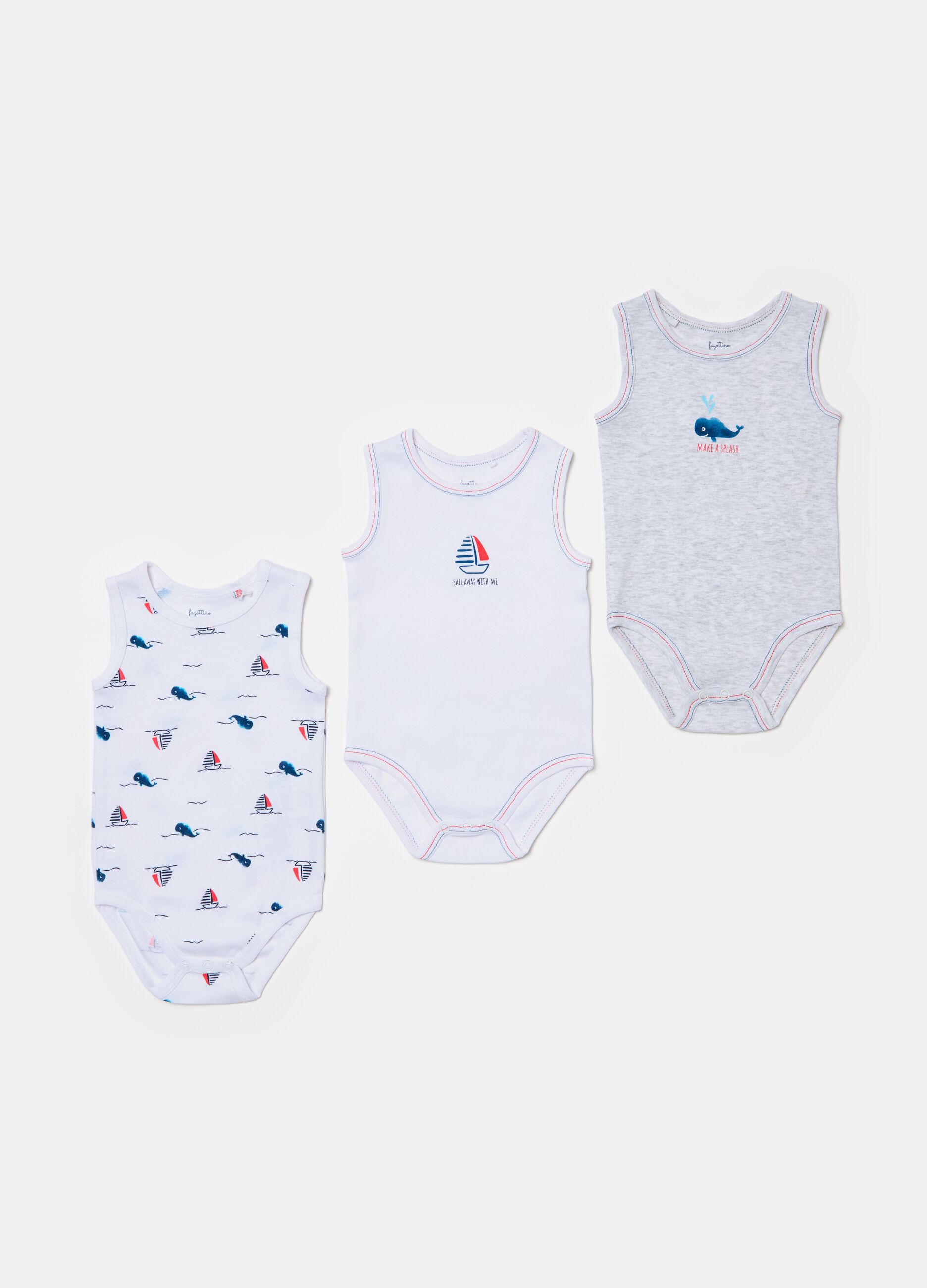 Three-pack bodysuits with whale and sail boat print