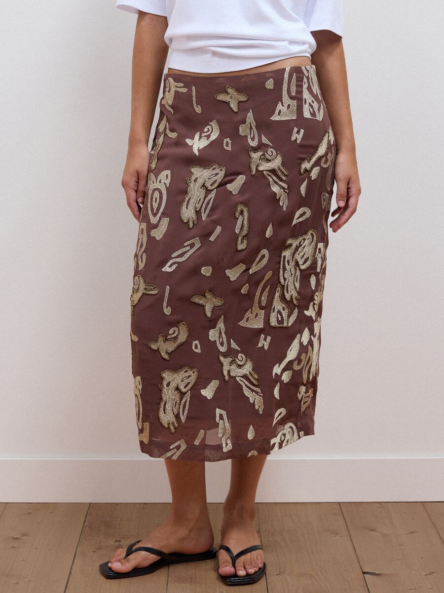 Brown midi skirt in pure viscose with embroidered motif_1