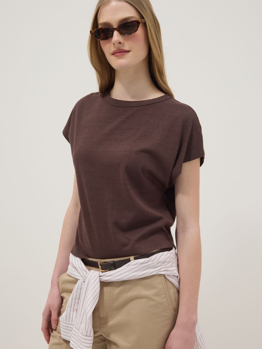 Brown cotton-linen blend short-sleeve T-shirt, regular fit_0
