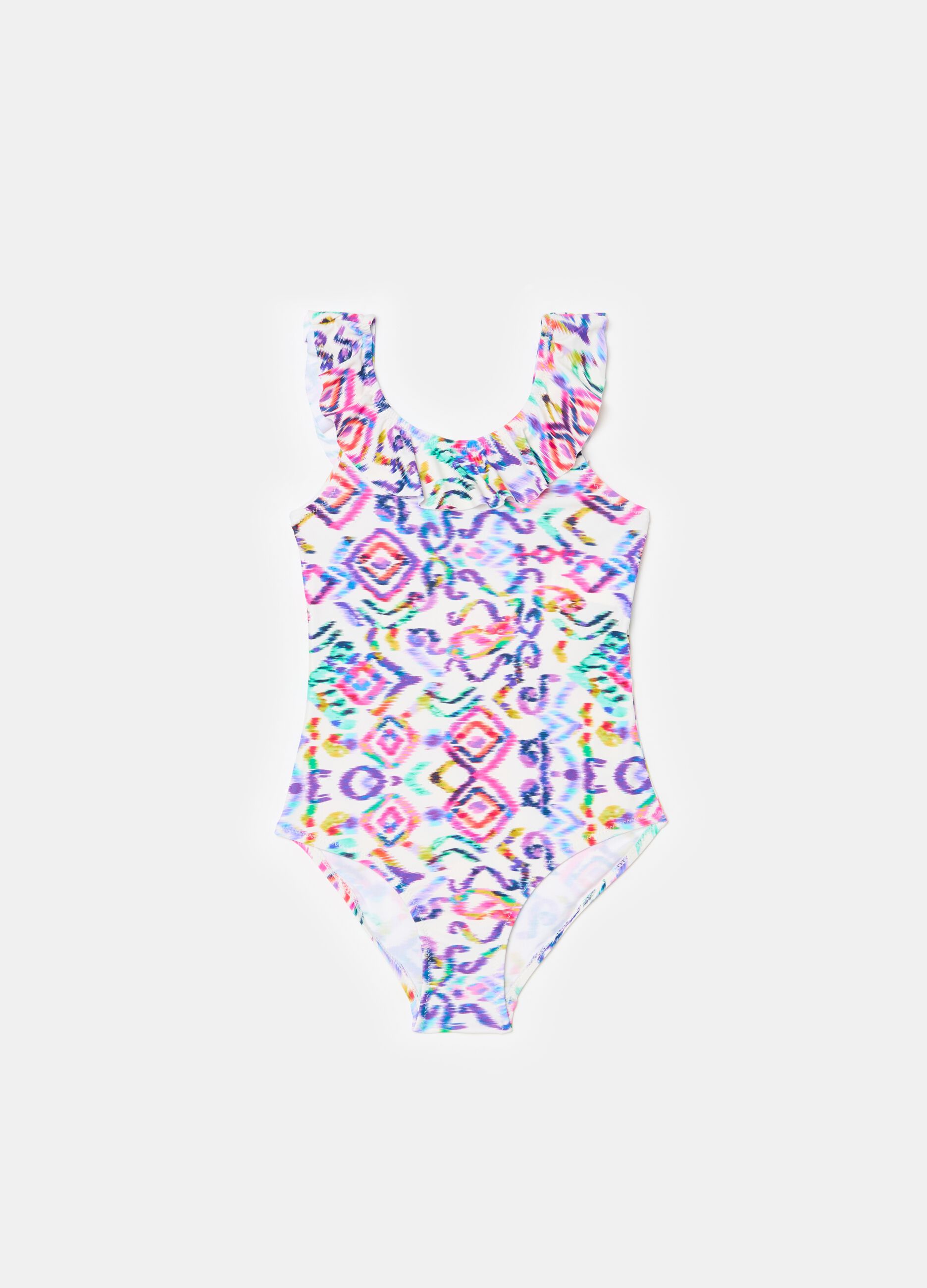 One-piece swimsuit with tie-dye pattern