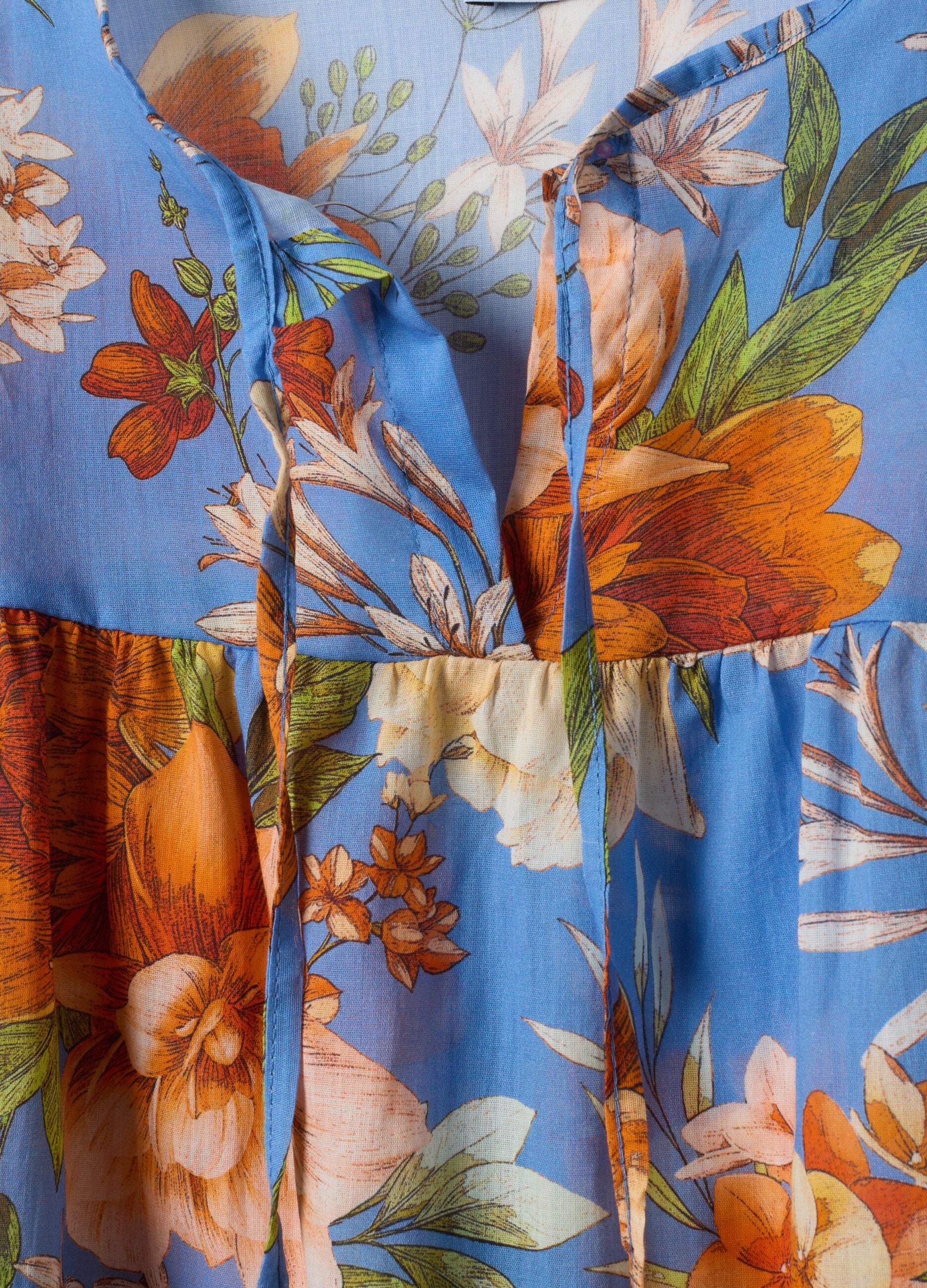 Blaue Bluse mit Blumenmuster aus reiner Baumwolle