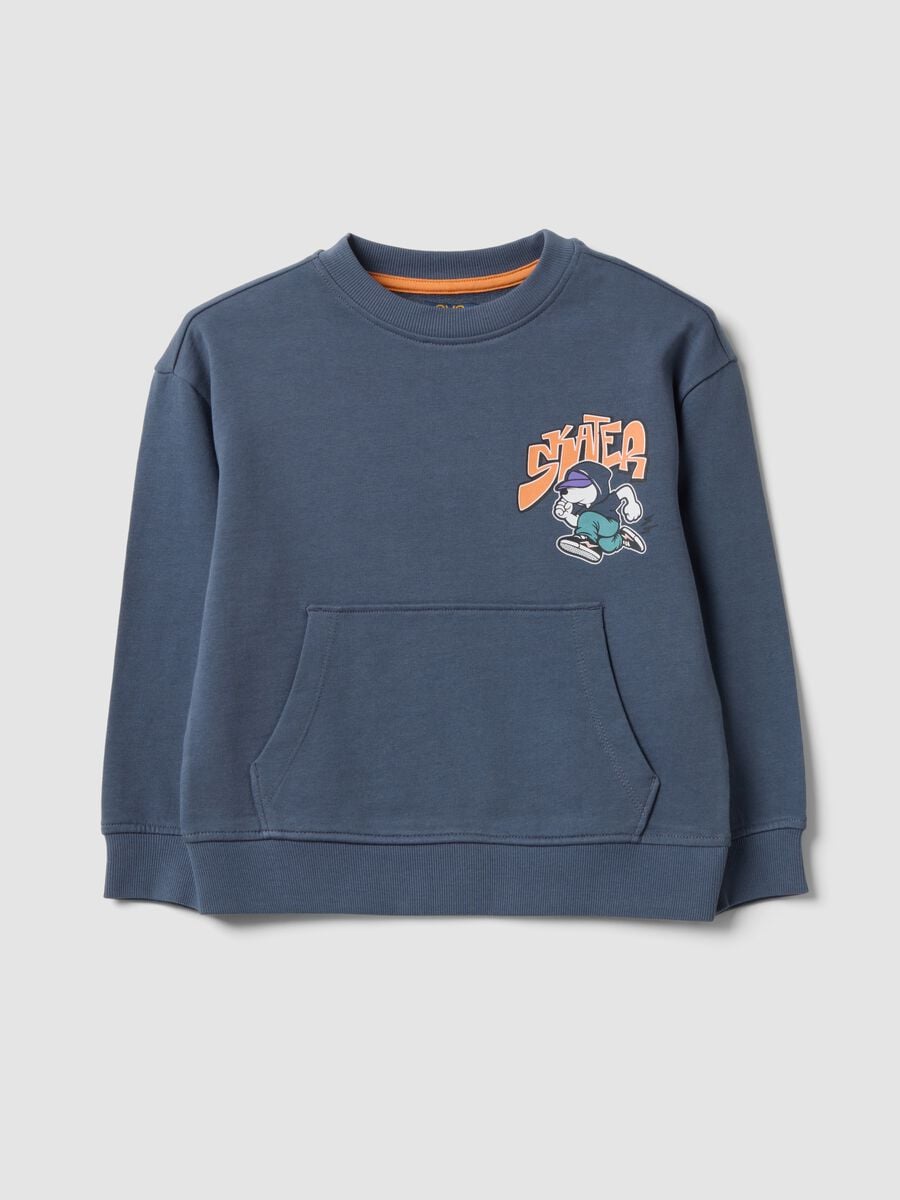 Grauer Oversize-Hoodie aus reiner Baumwolle mit Print und K&auml;ngurutasche f&uuml;r Jungen_0