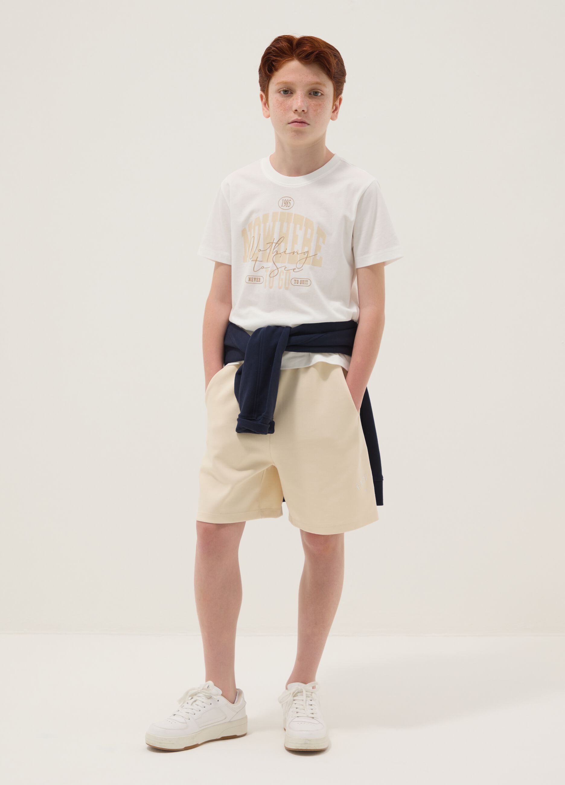 Beige cotton-blend shorts with elasticated waist