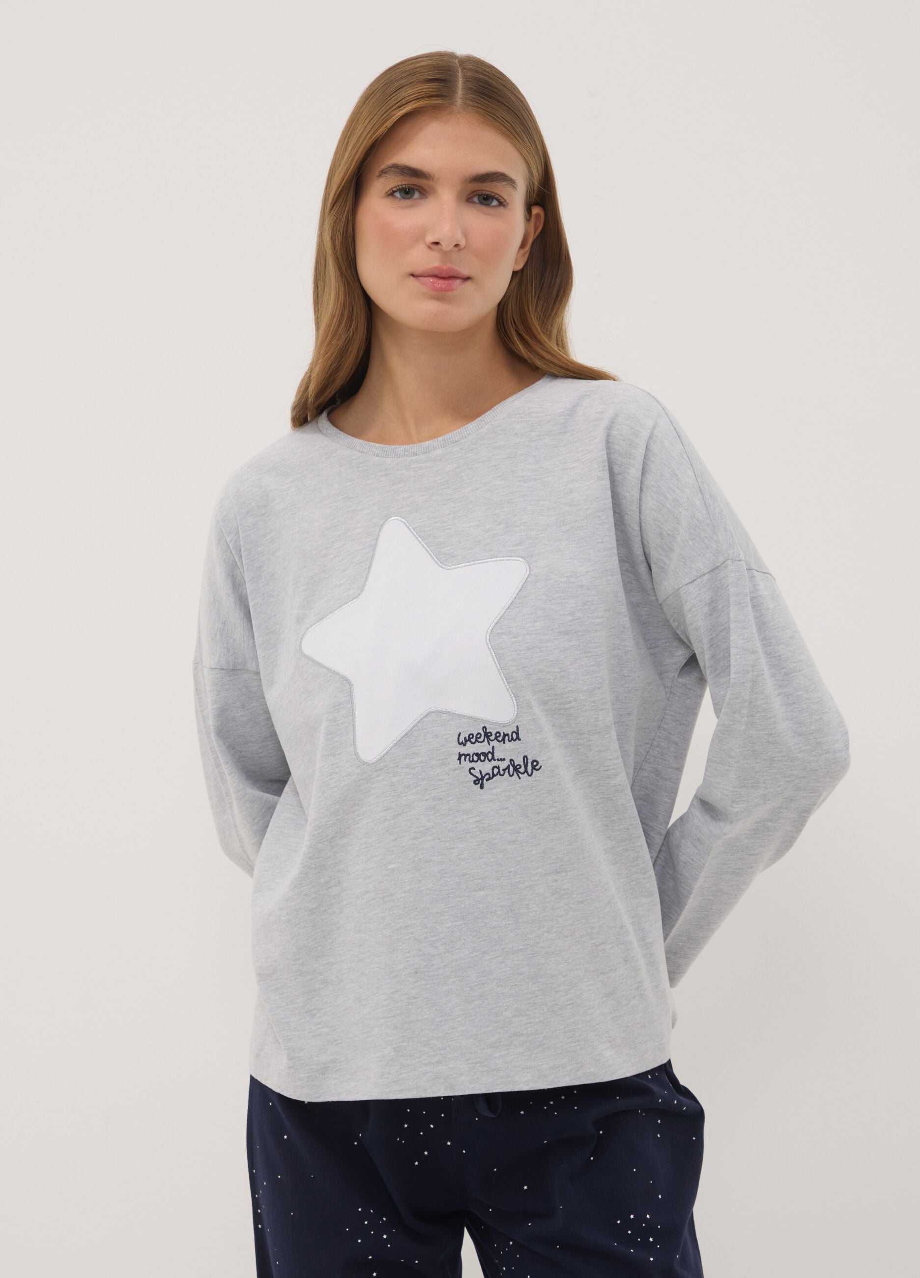 Grey organic cotton and viscose blend crew-neck pyjamas