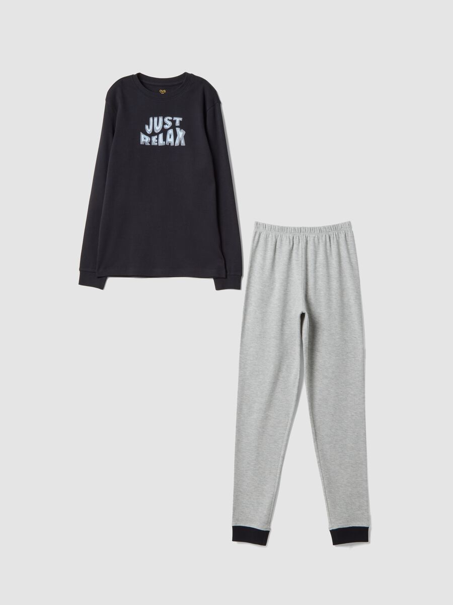 Black and grey pure organic cotton pyjamas with front print_0