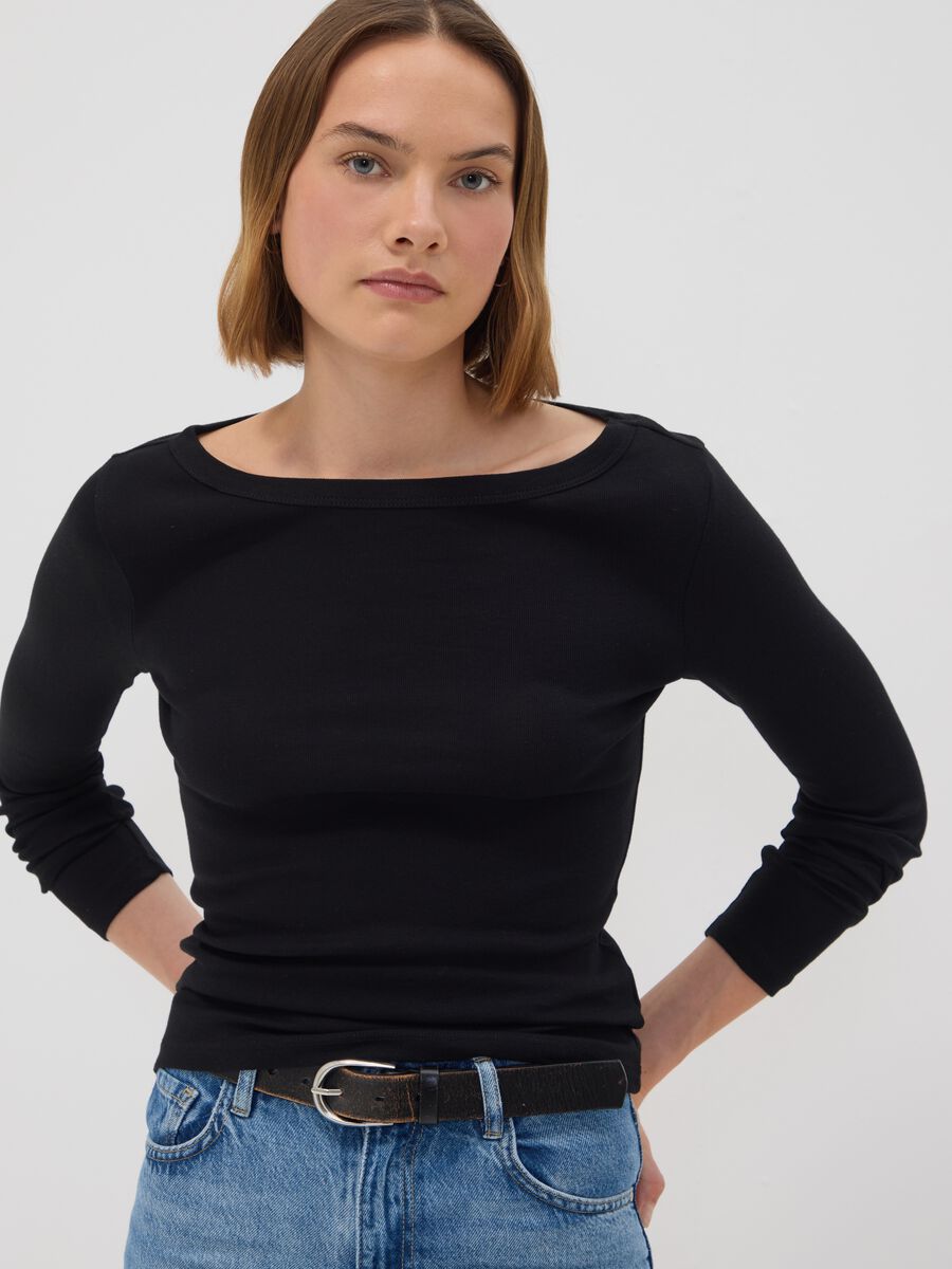 T-shirt nera in puro cotone con girocollo regular fit_0
