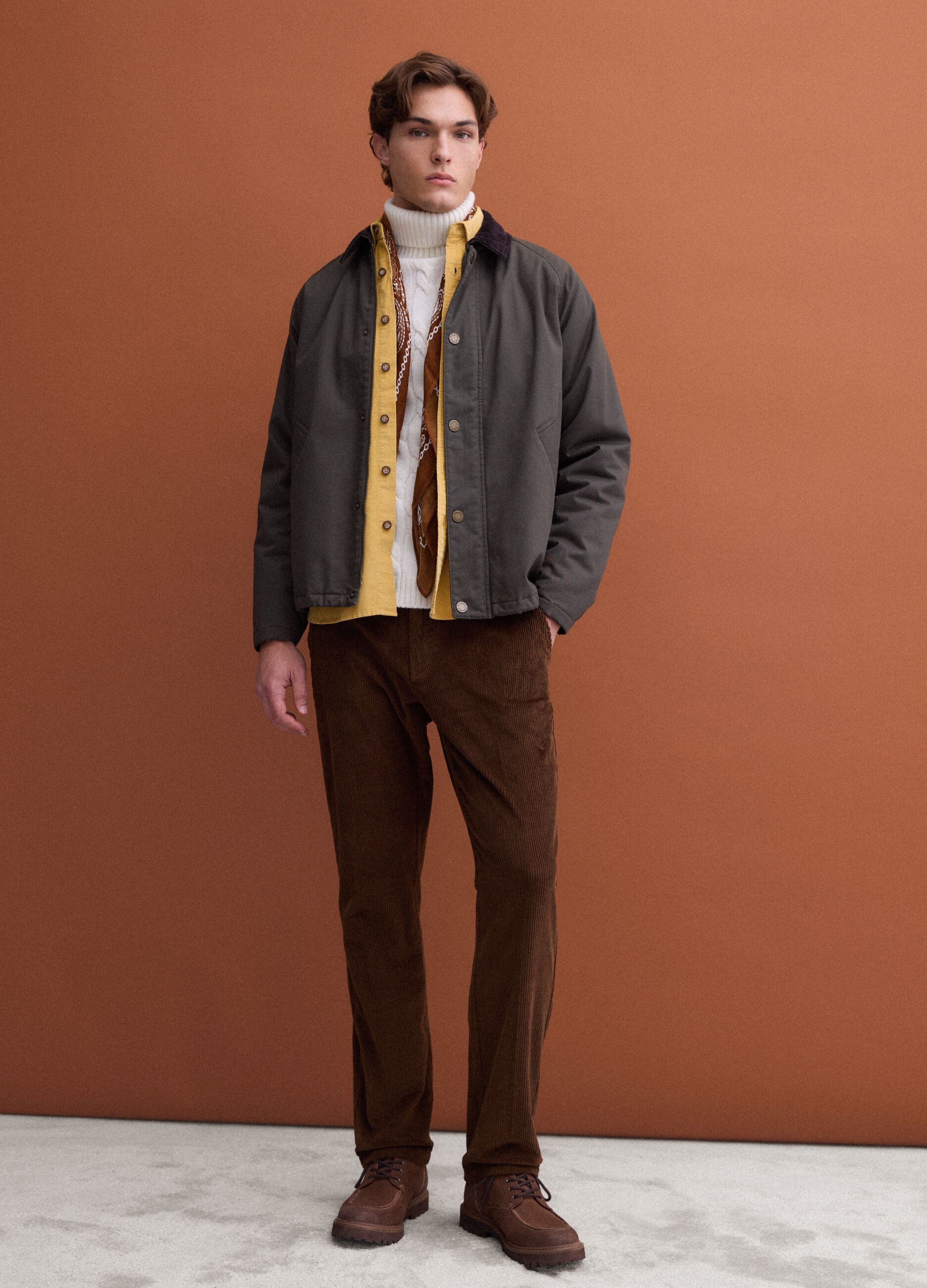 Green pure cotton jacket with velvet collar
