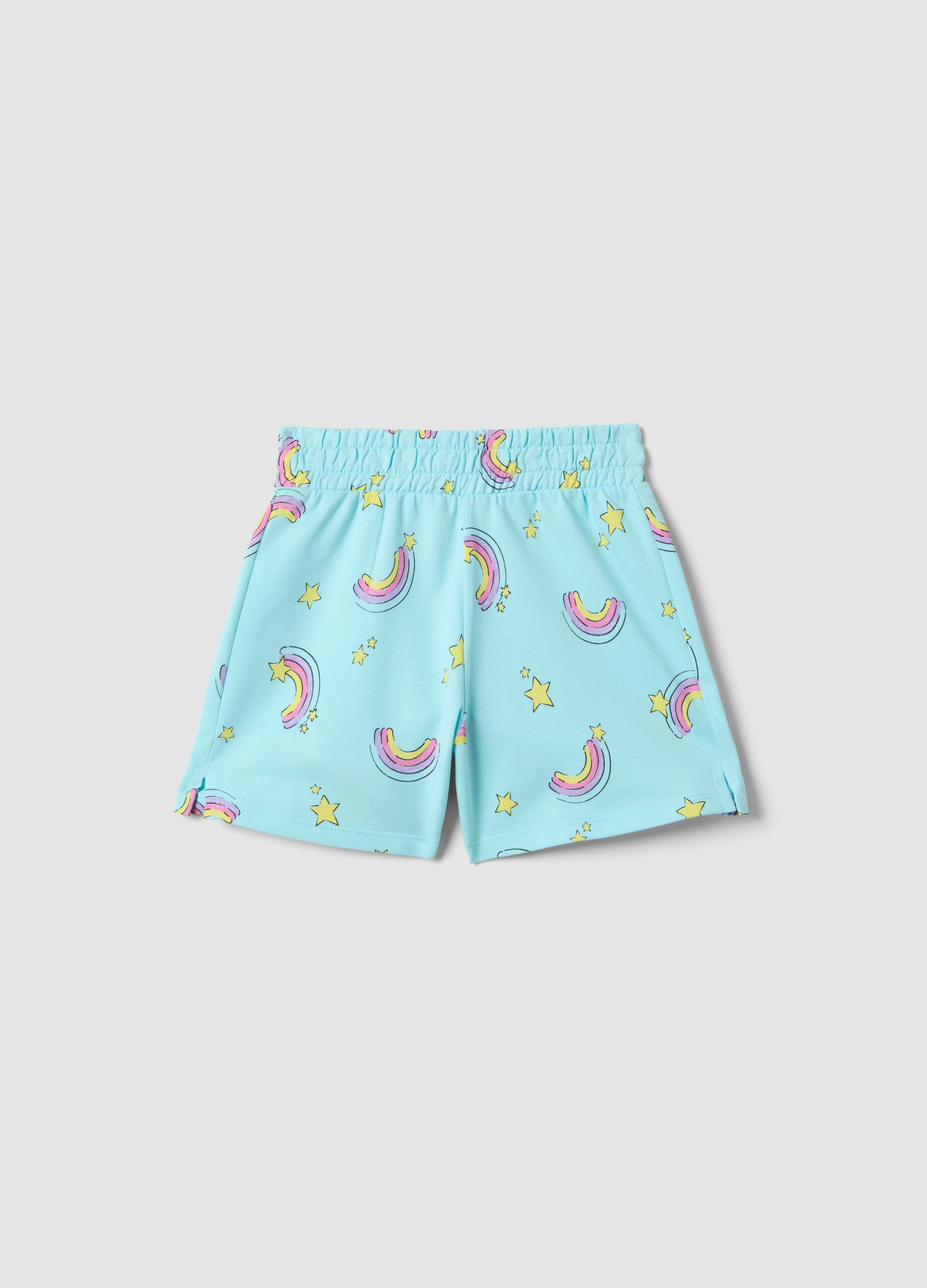 Girls' sky blue pure cotton shorts - regular fit with rainbows