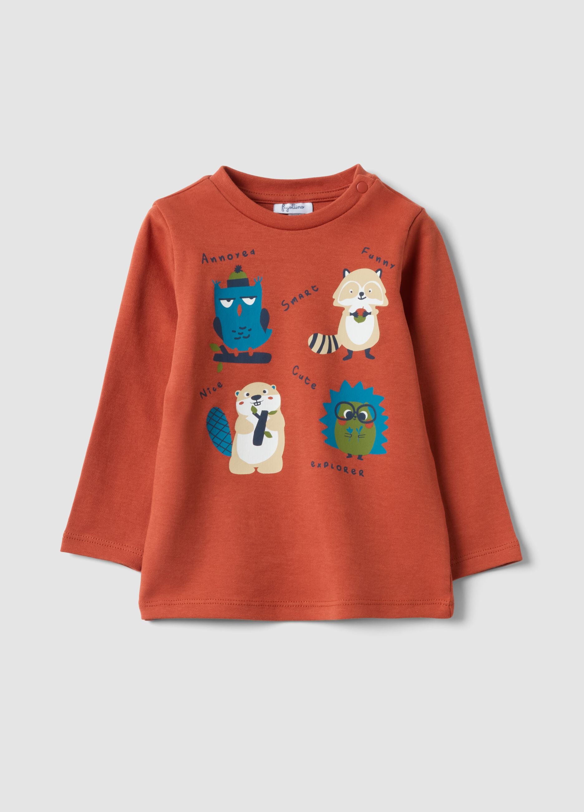 T-shirt arancione in puro cotone organico con stampa animaletti