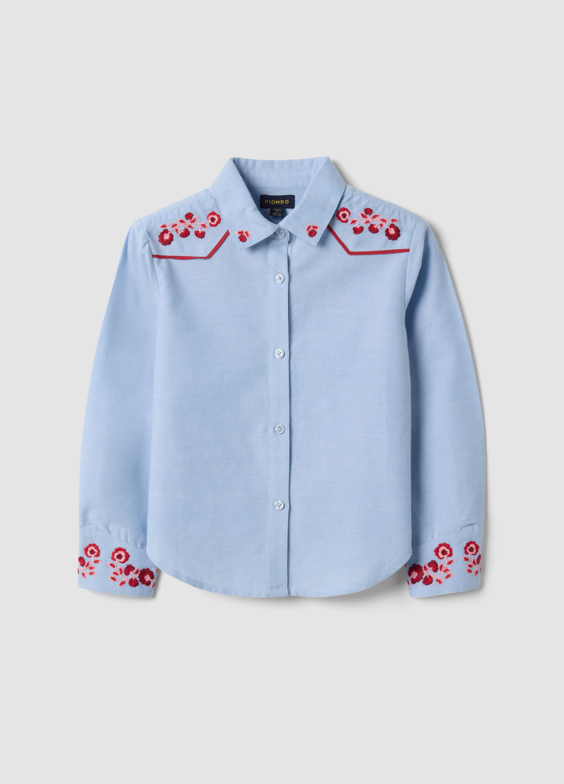 Light blue pure cotton shirt with floral embroidery